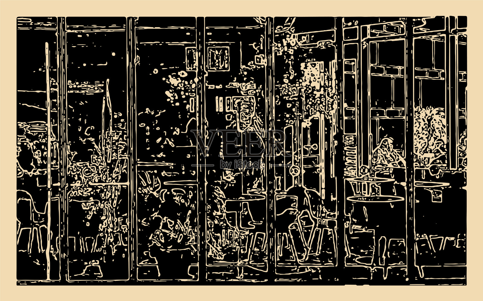 餐厅玻璃门，抽象艺术木刻商业场景背景插画图片素材