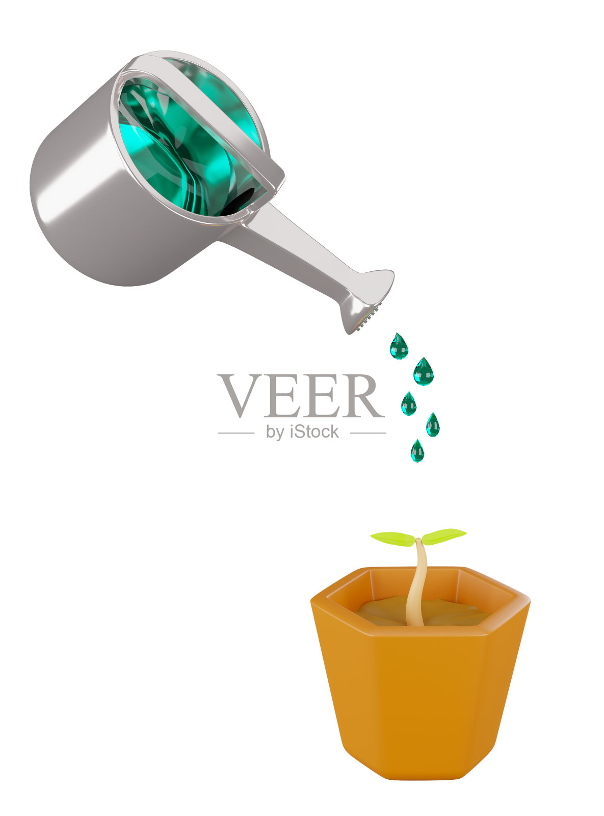 带有树木生长盆栽的喷壶的3D渲染图照片摄影图片