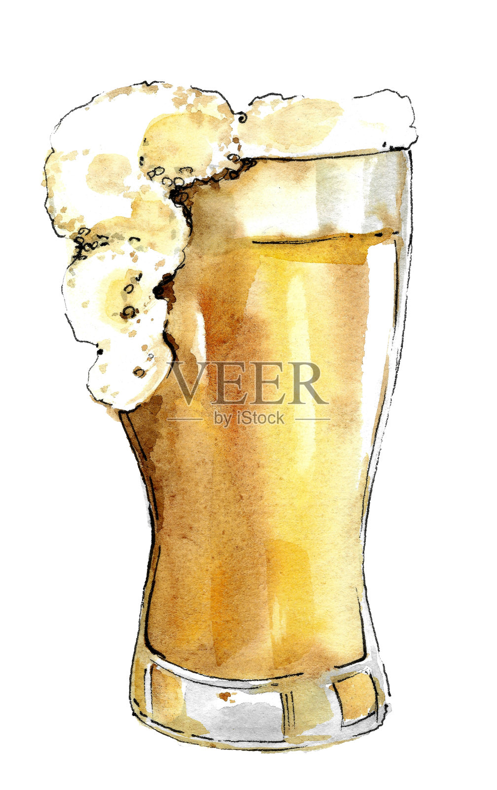 透明玻璃啤酒品脱装满淡啤酒滴泡沫。插画图片素材