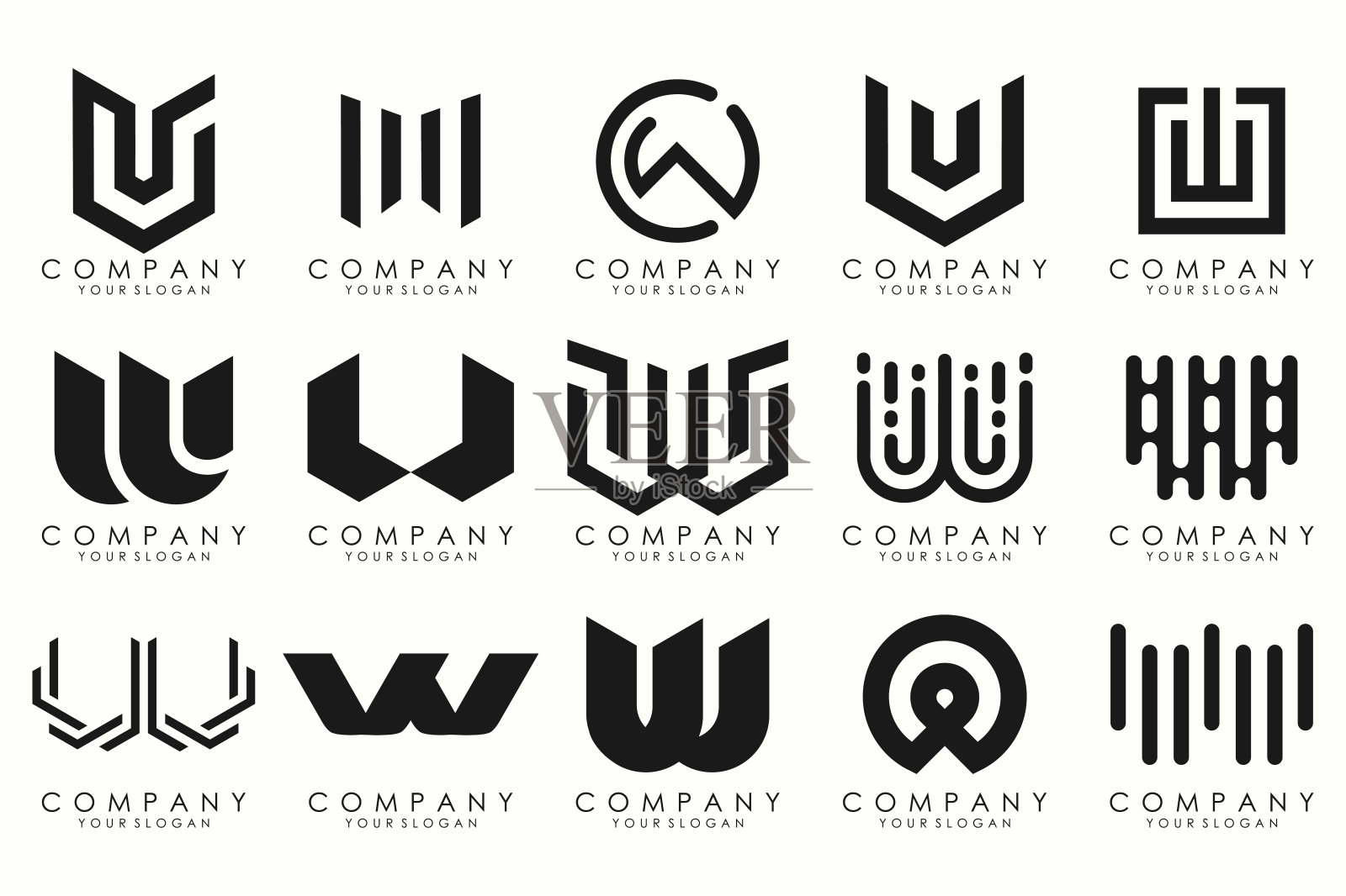 抽象集合以字母W为标志设计。创意设计标志W与黑色。插画图片素材