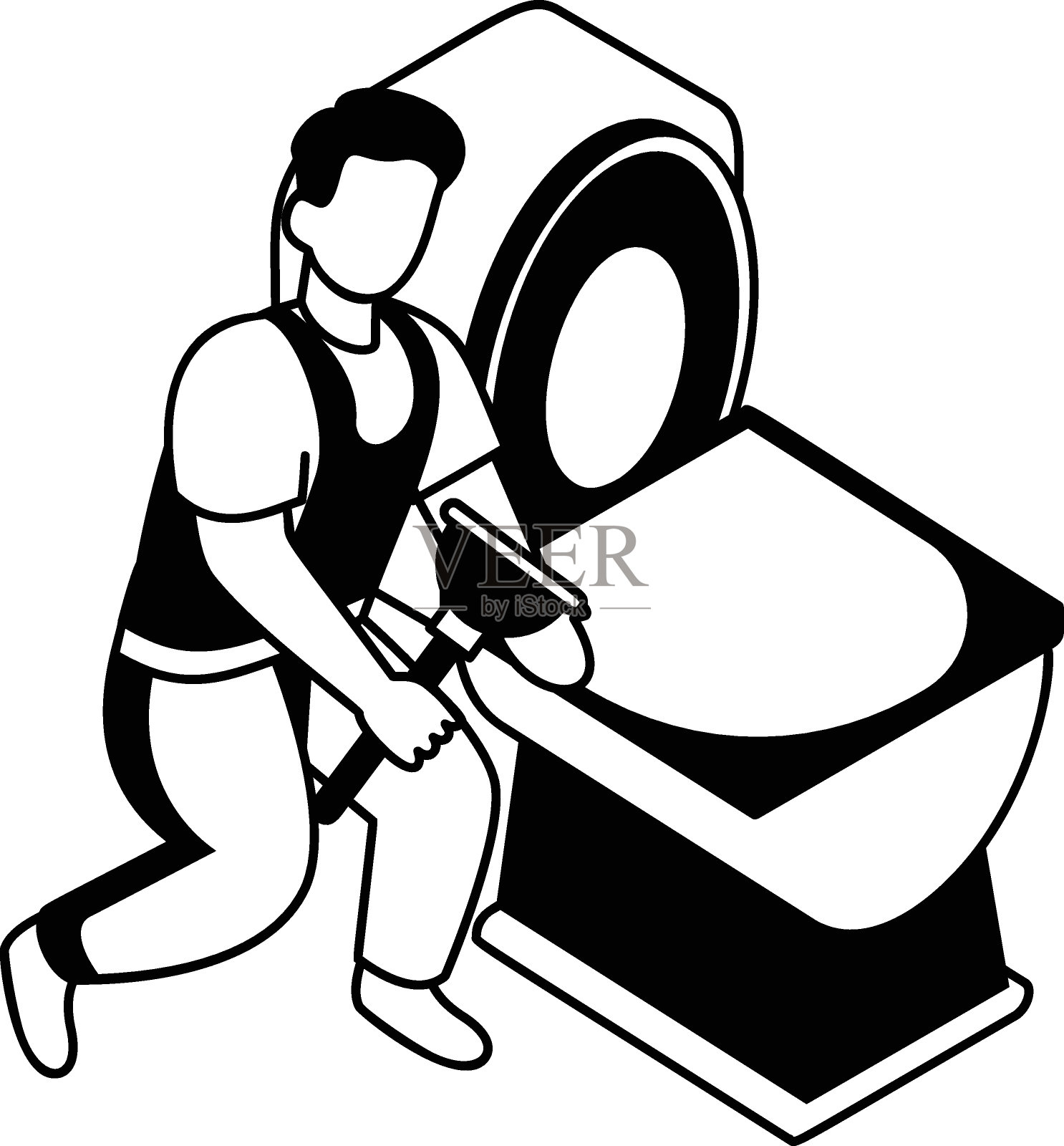 工人修理厕所水箱或马桶矢量等长设计，水管工设备符号，勤杂工服务工程标志，卫生技术人员库存插图，水管工手持柱塞概念插画图片素材