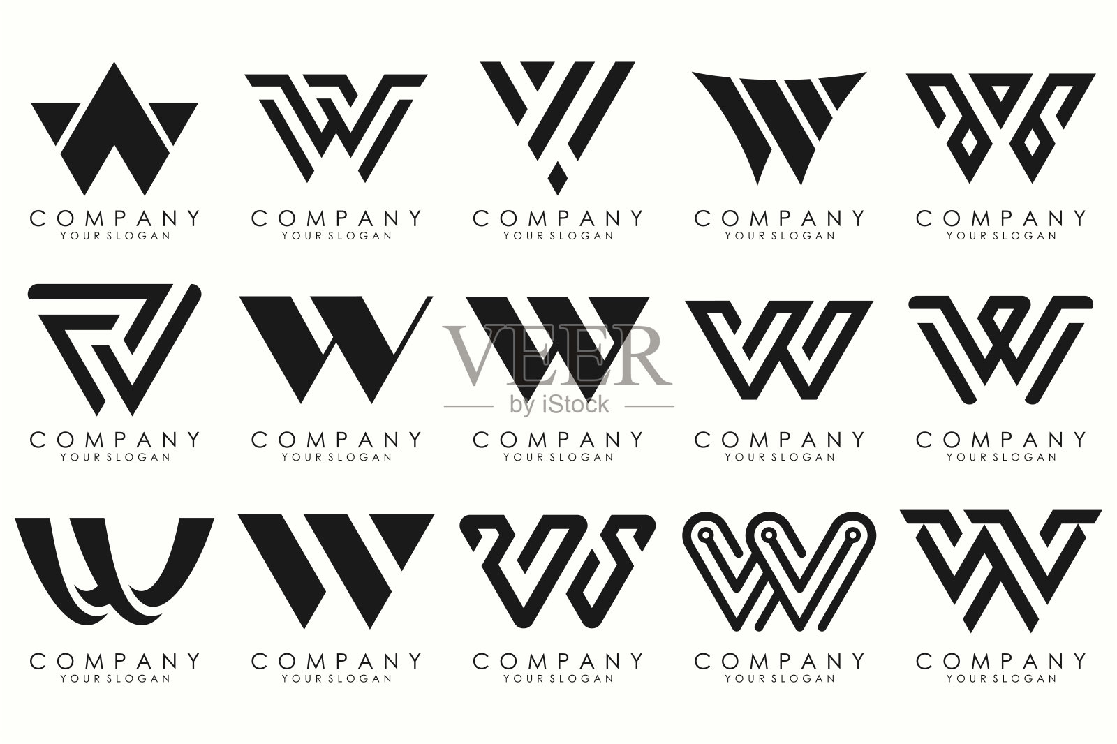 抽象集合以字母W为标志设计。创意设计标志W与黑色。插画图片素材