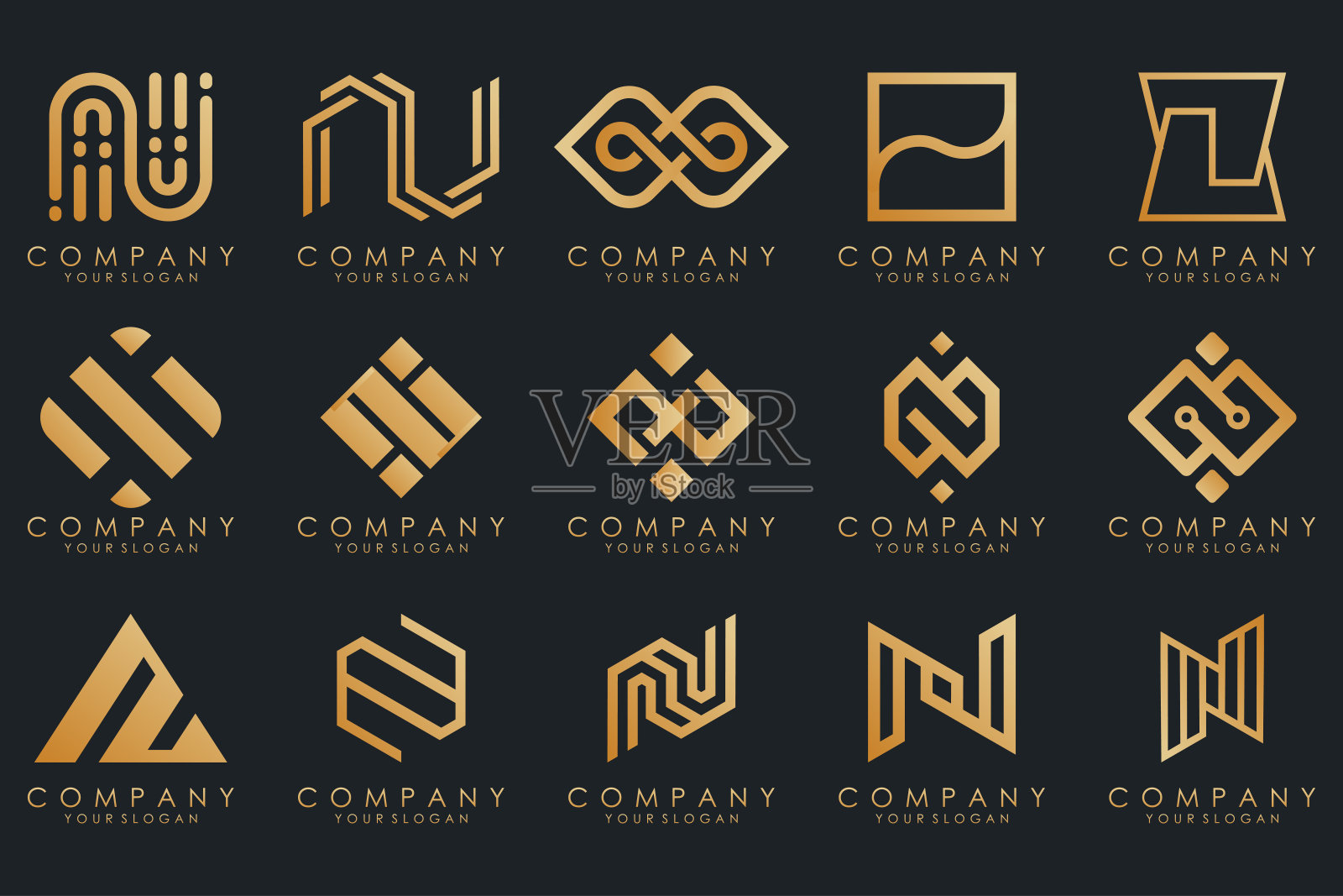 一套抽象的字母N标志设计。现代创意标识字母组合图标设计灵感。插画图片素材