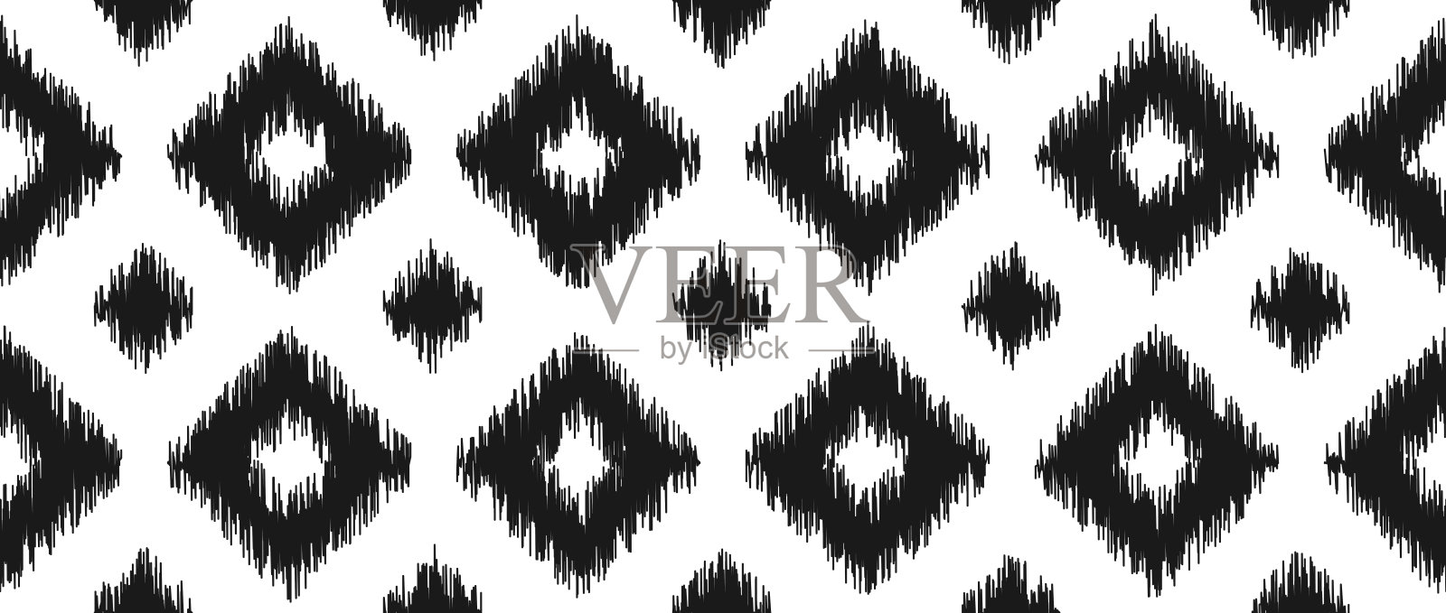 无缝黑白ikat图案。种族单色重复背景。装饰性部落织物和纺织品样板印花设计。矢量亚洲民间抽象壁纸插画图片素材