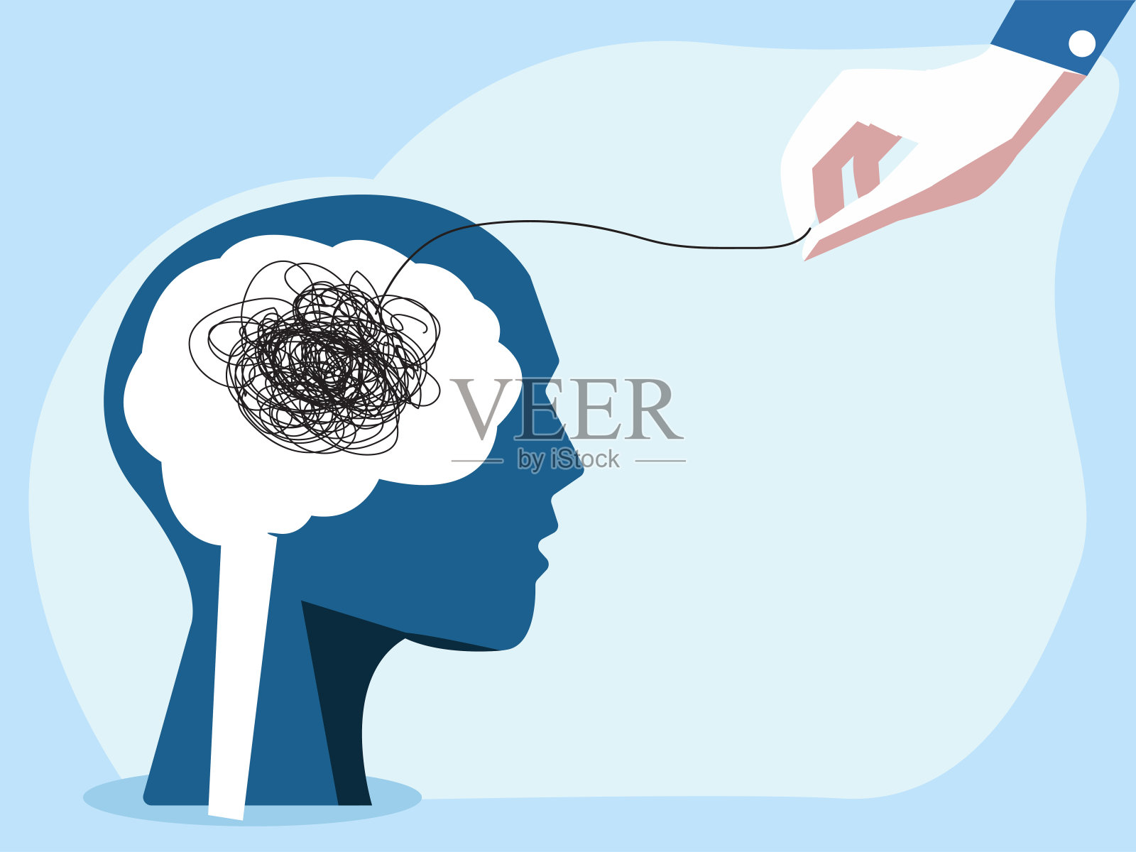 心理治疗课程概念与人的头部轮廓和帮助的手解开混乱的思想纠结与精神障碍，焦虑和混乱的头脑或压力。矢量插图。插画图片素材
