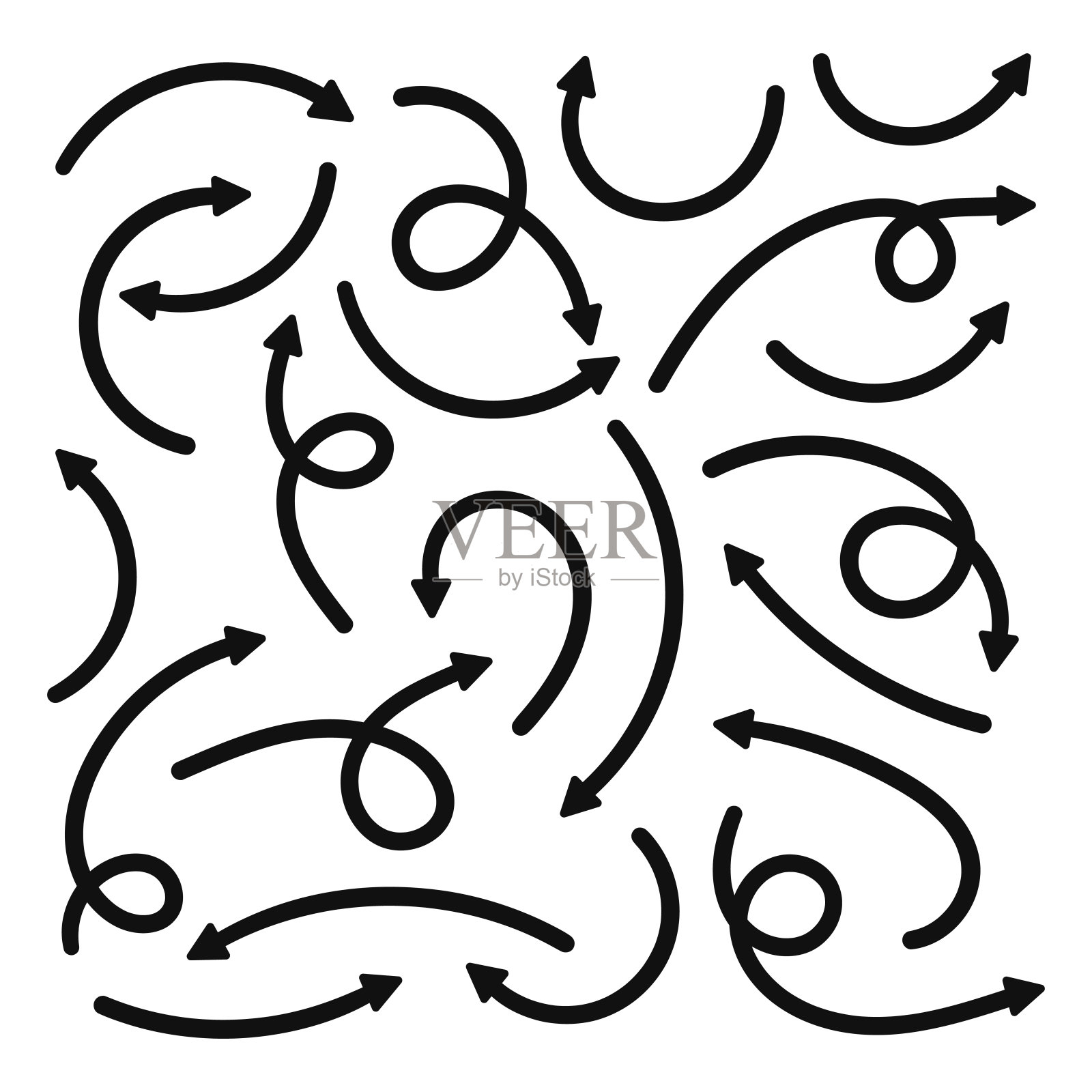 手绘箭头集合设置简单的平面箭头孤立在白色背景上。箭头标记图标和箭头油漆。股票向量。EPS10。插画图片素材