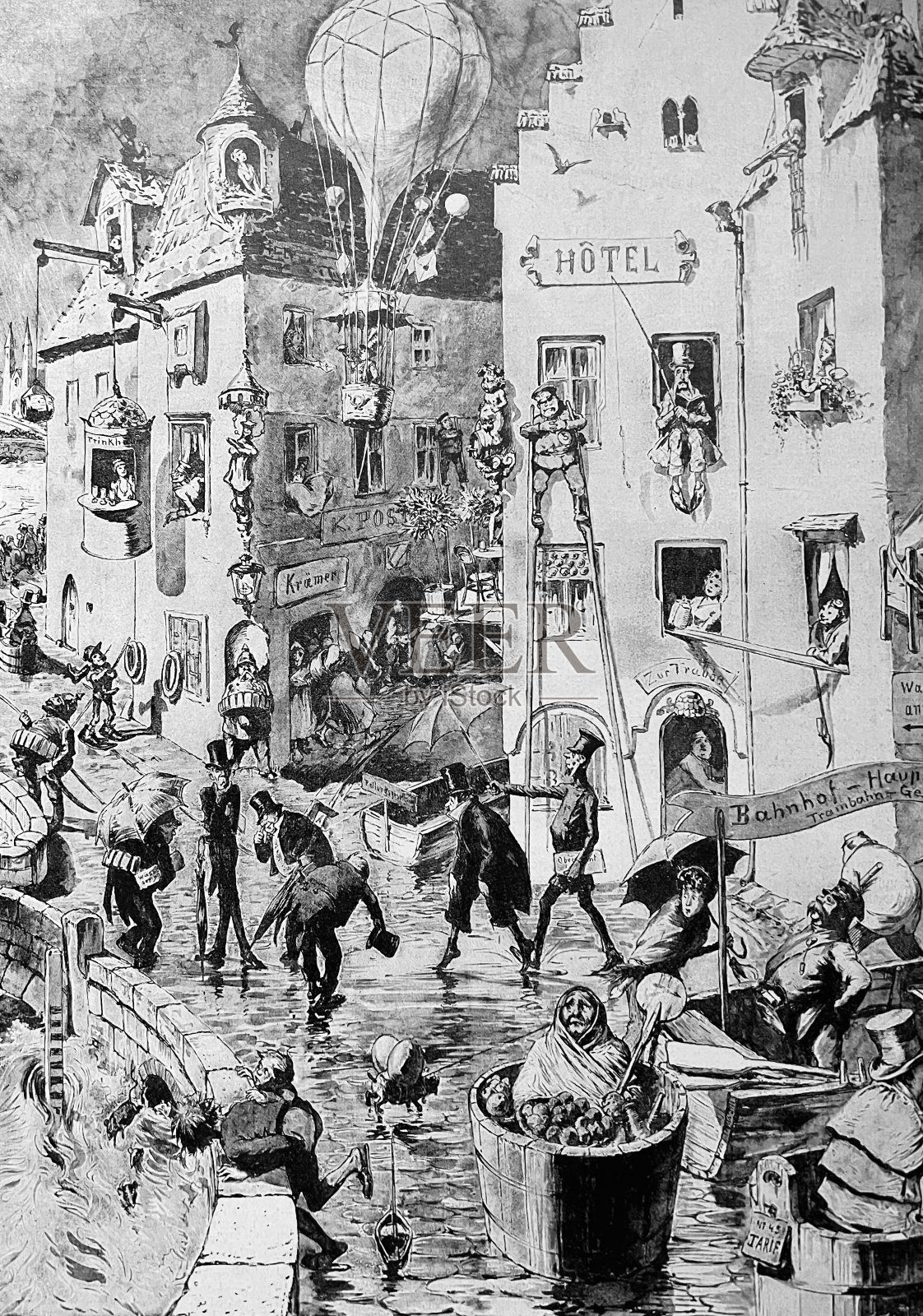 当心，潮水要来了。城里的人们怀疑暴风雨即将来临。插画图片素材