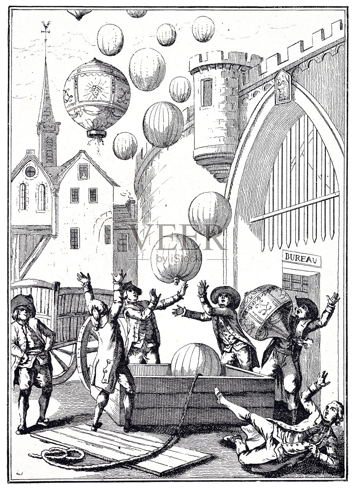 这是《高空气球的起源》时代的卡通。气球之家或是受惊的海关官员插画图片素材