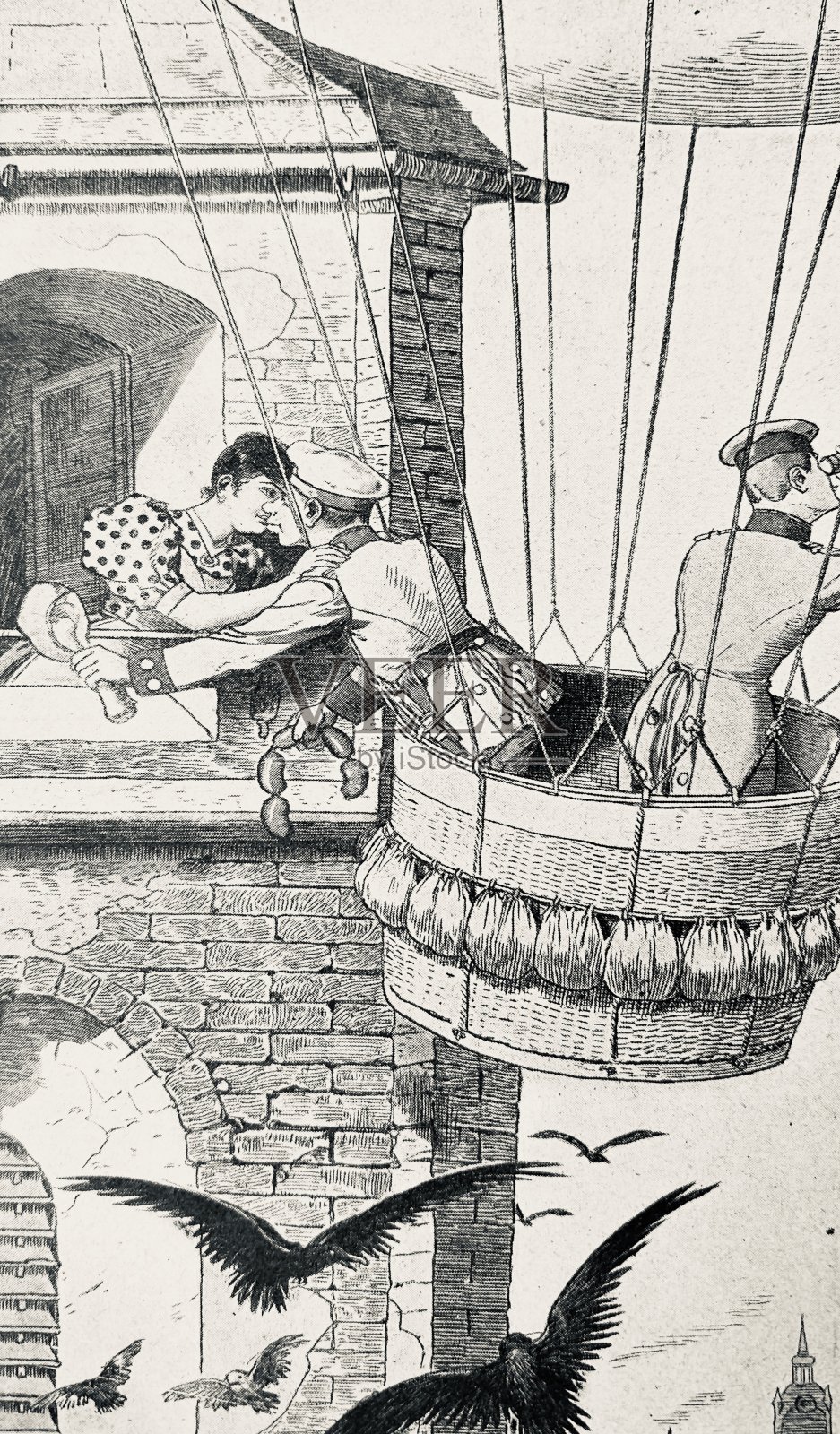 男子乘坐热气球亲吻窗边的女子插画图片素材