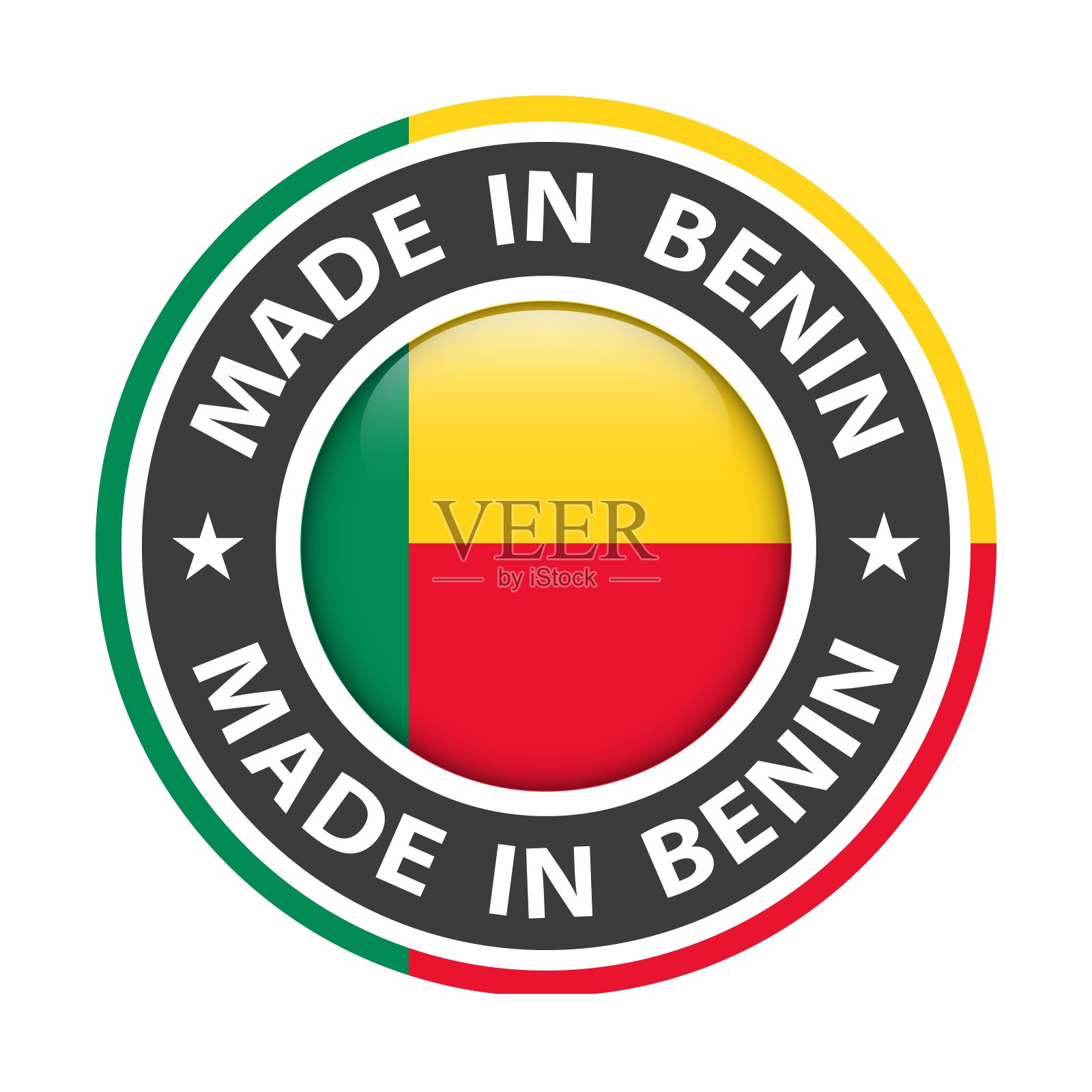 贝宁制造徽章矢量。有星星和国旗的贴纸。标志孤立在白色背景上。插画图片素材