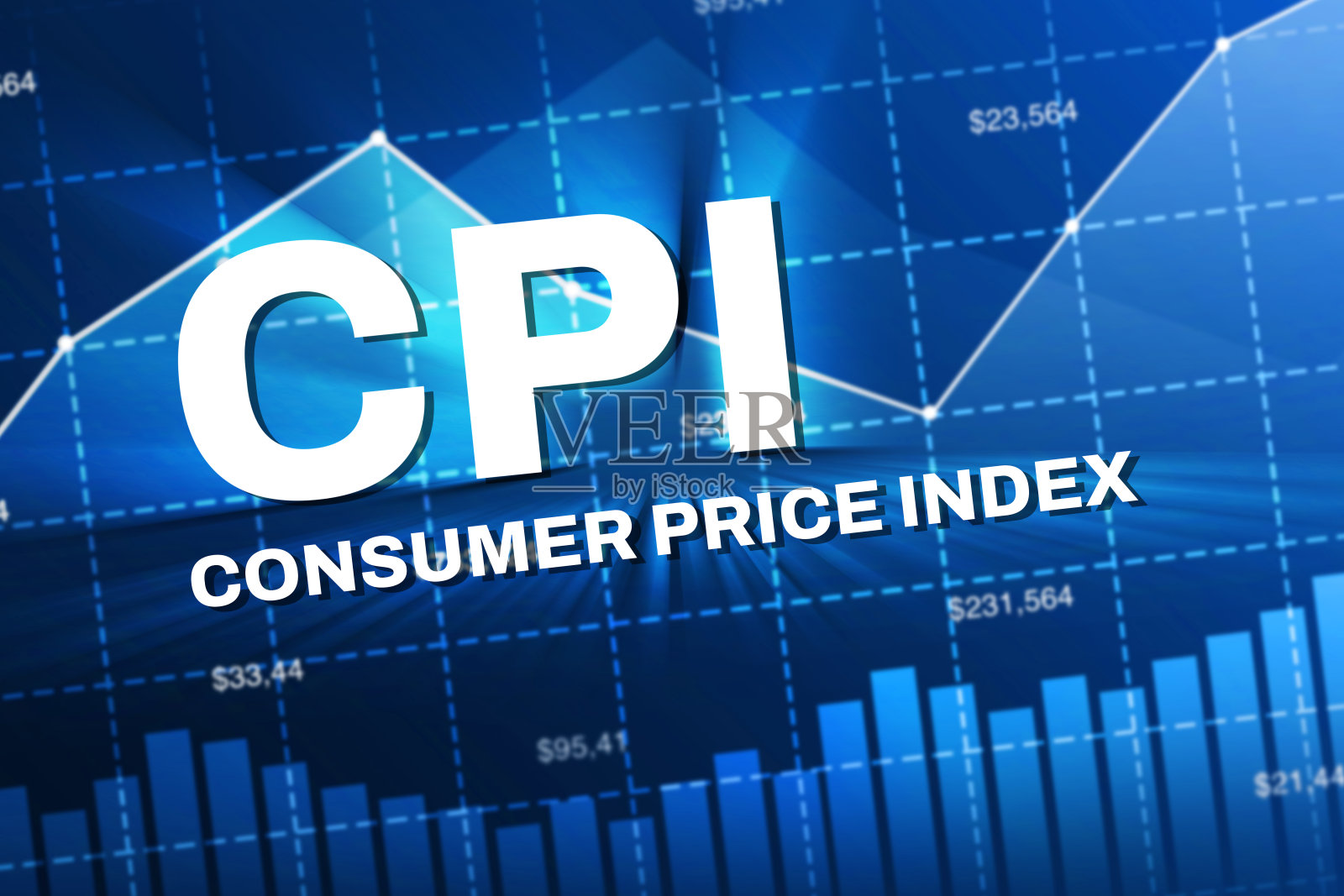 消费者价格指数背景与蓝色图形和发光的排版设计。CPI文本设计背景插画图片素材