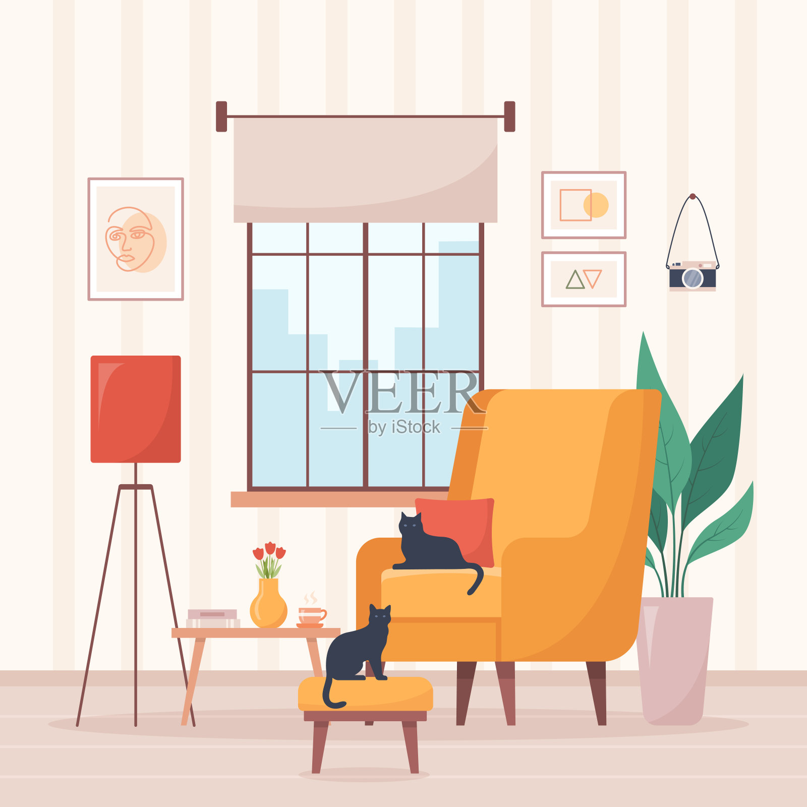 温馨家居室内设计理念。客厅内部。矢量插图在平面风格插画图片素材