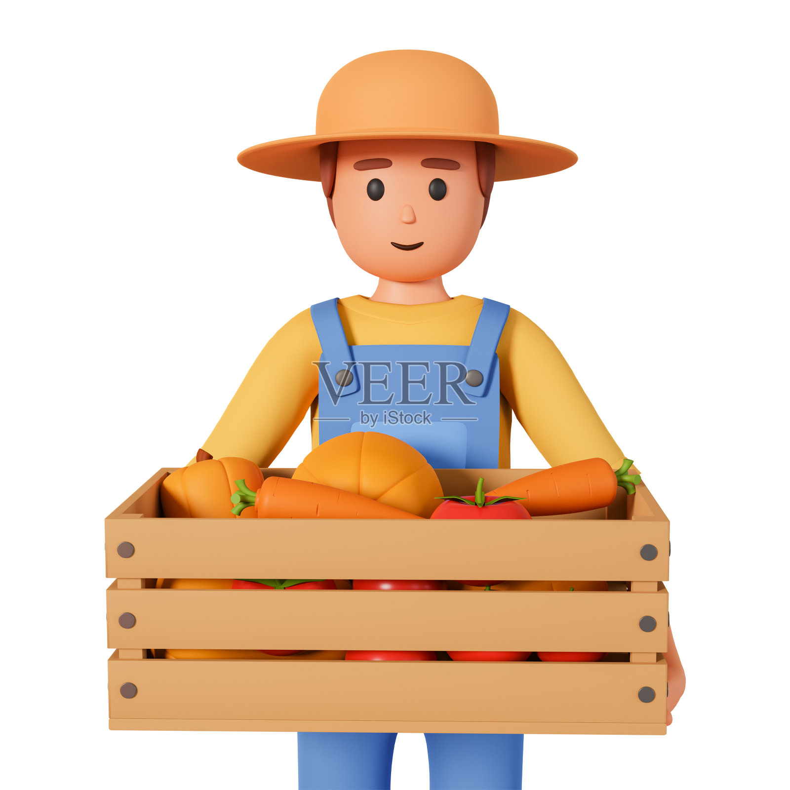 农民在工作服持有木箱与蔬菜正面视图3d插图孤立的白色背景。园丁男子手持装满蔬菜的木箱的3d插图照片摄影图片