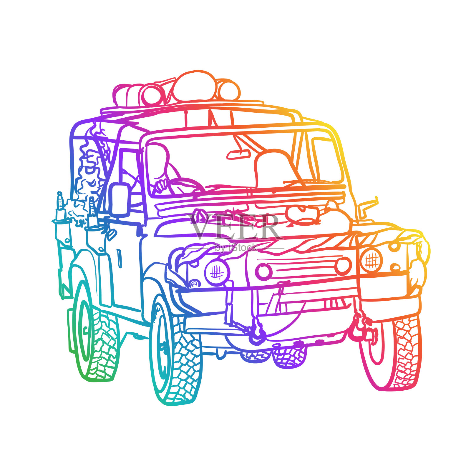 狩猎吉普车彩虹插画图片素材