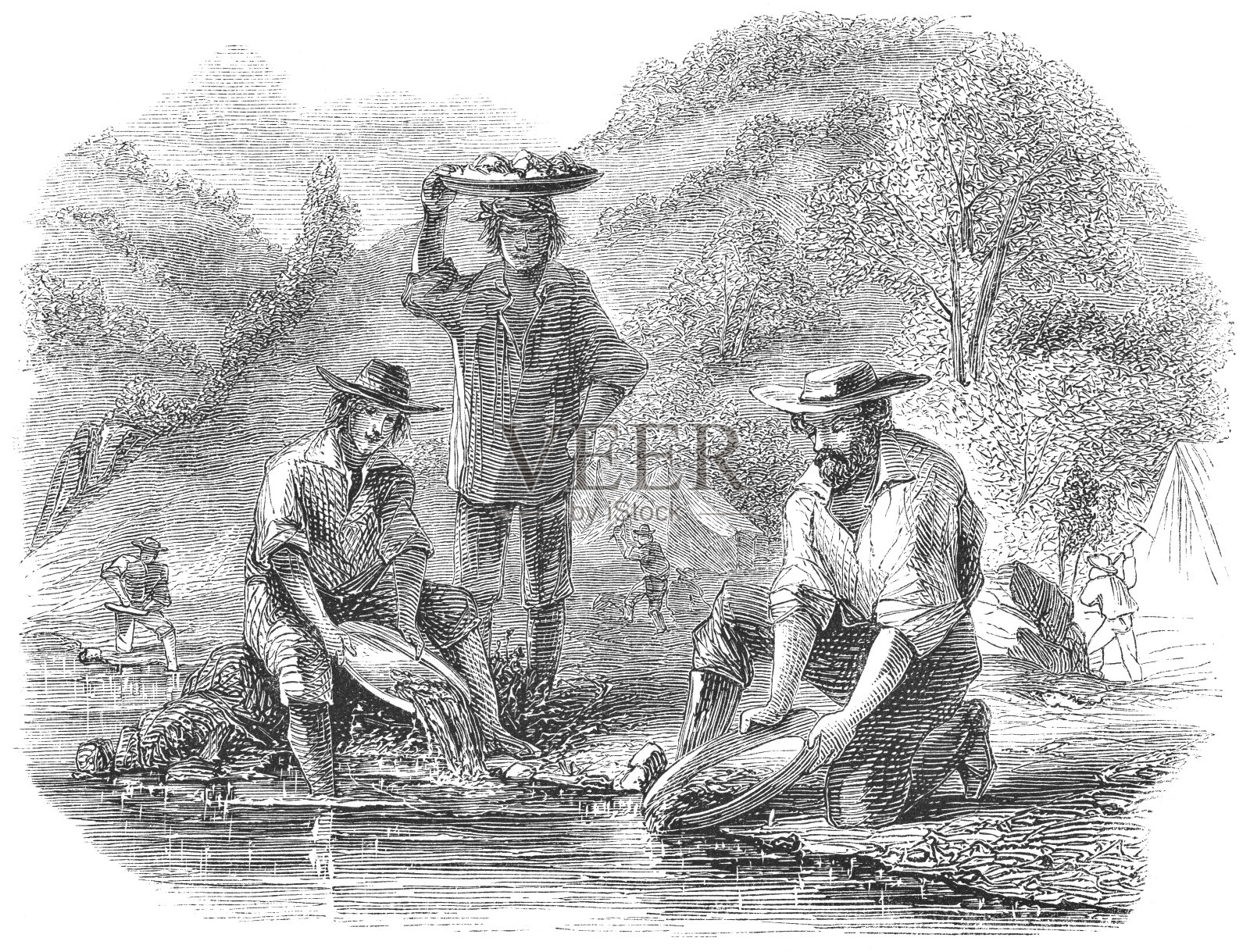 美国加州Mokelumne河淘金(19世纪)插画图片素材