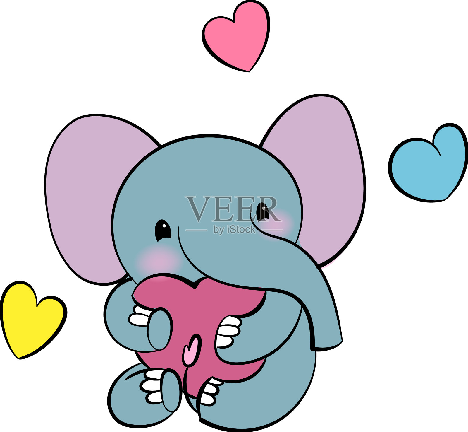 情感贴纸与可爱的大象卡哇伊风格插画图片素材