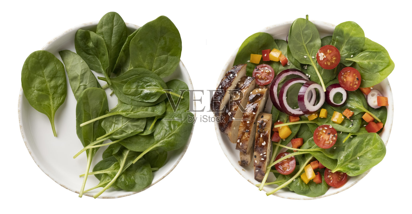 菠菜和烤肉配菠菜沙拉照片摄影图片