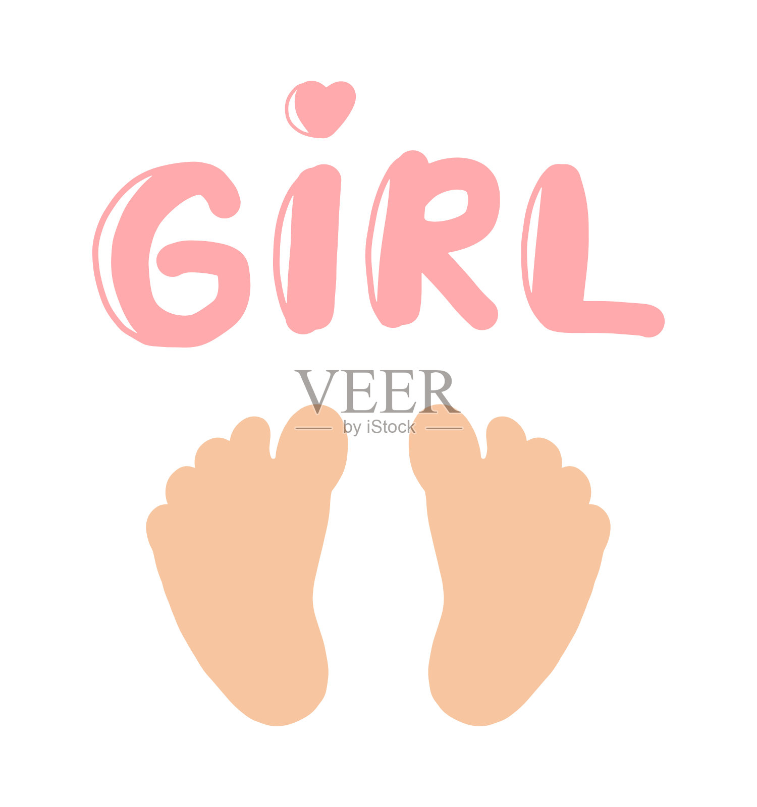 女婴淋浴邀请卡模板。平面矢量庆祝海报。婴儿脚印孤立在白色背景。美丽的字母词。插画图片素材