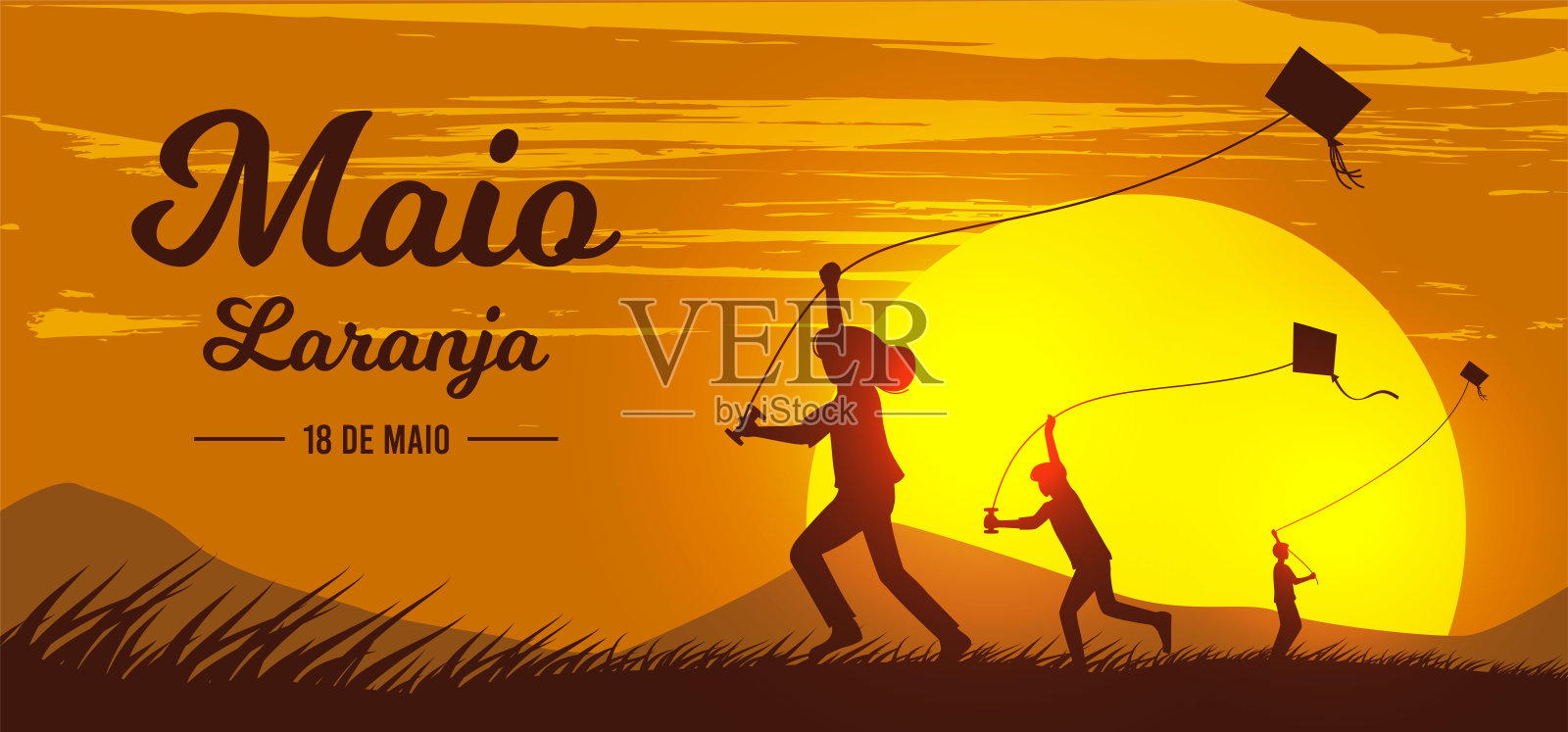 5月18日是巴西反对儿童暴力的国庆日。在巴西，孩子们喜欢在日落时放风筝的剪影设计模板素材