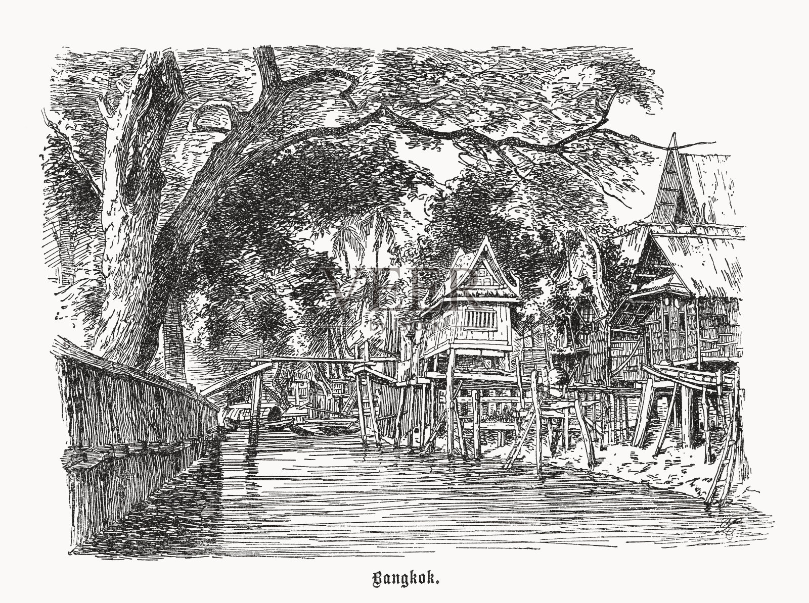 泰国曼谷农村部分，木刻，1899年出版插画图片素材