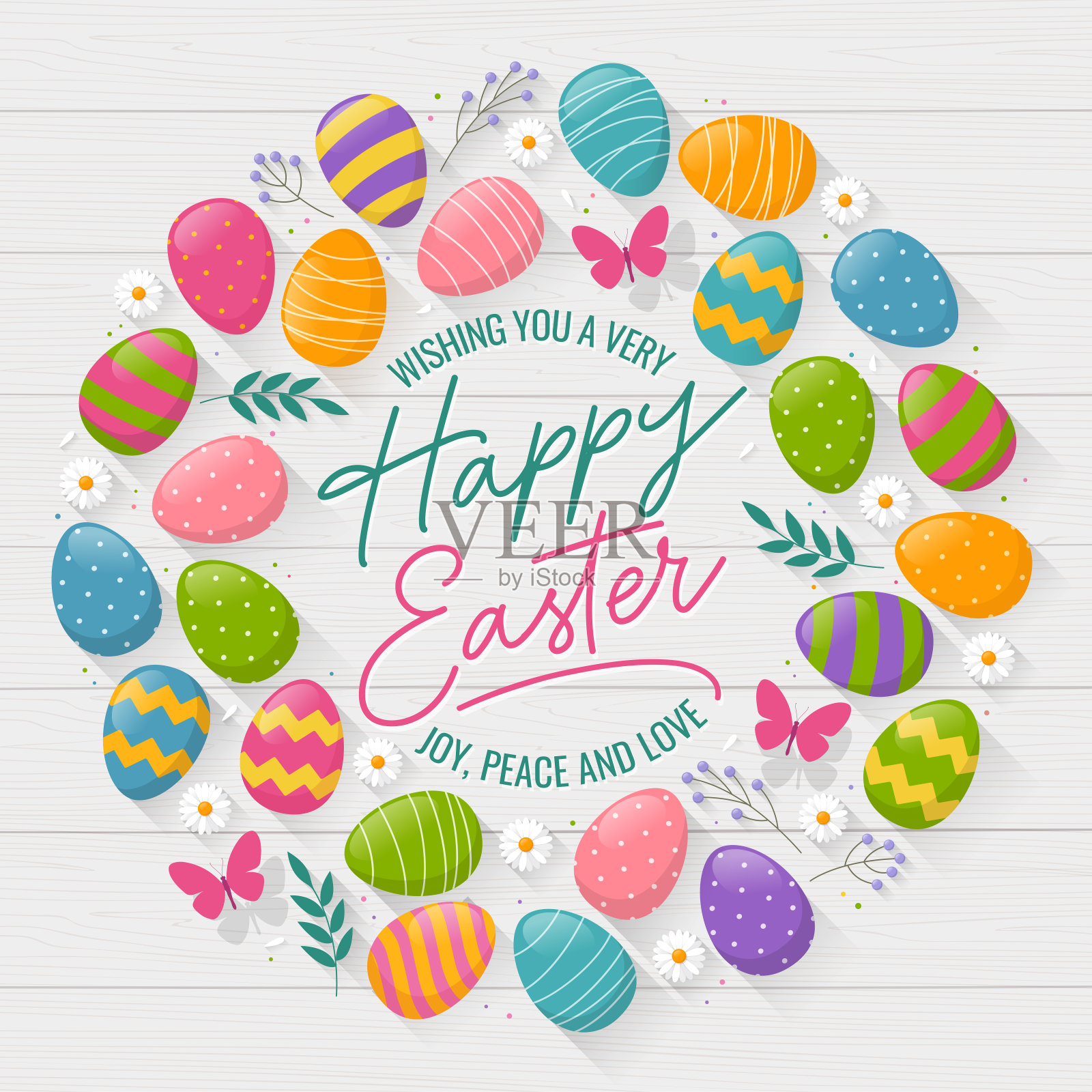 复活节花环贺卡与彩色鸡蛋和雏菊的木材背景。插画图片素材