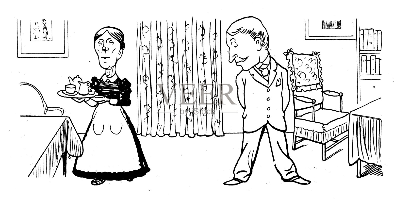 古董插图:男人和女仆插画图片素材