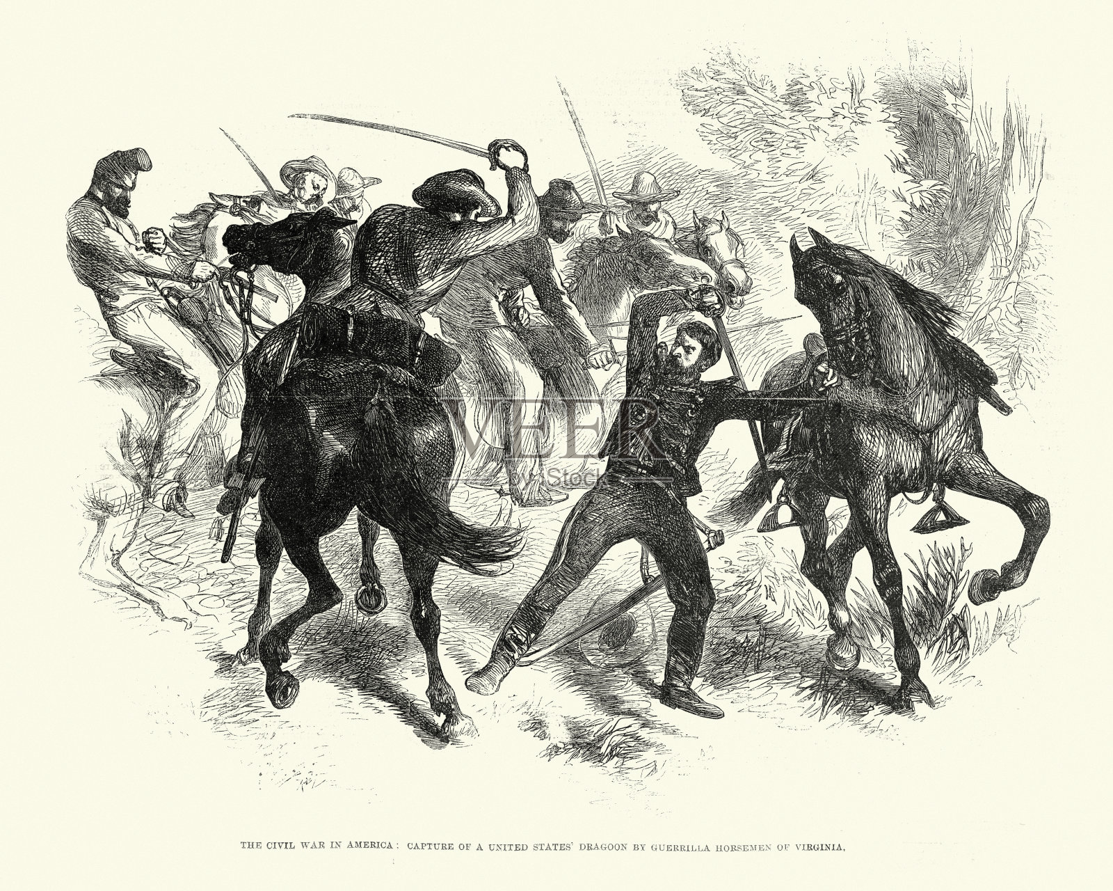 1861年美国内战，弗吉尼亚游击队骑兵俘虏了一名联邦龙骑兵插画图片素材