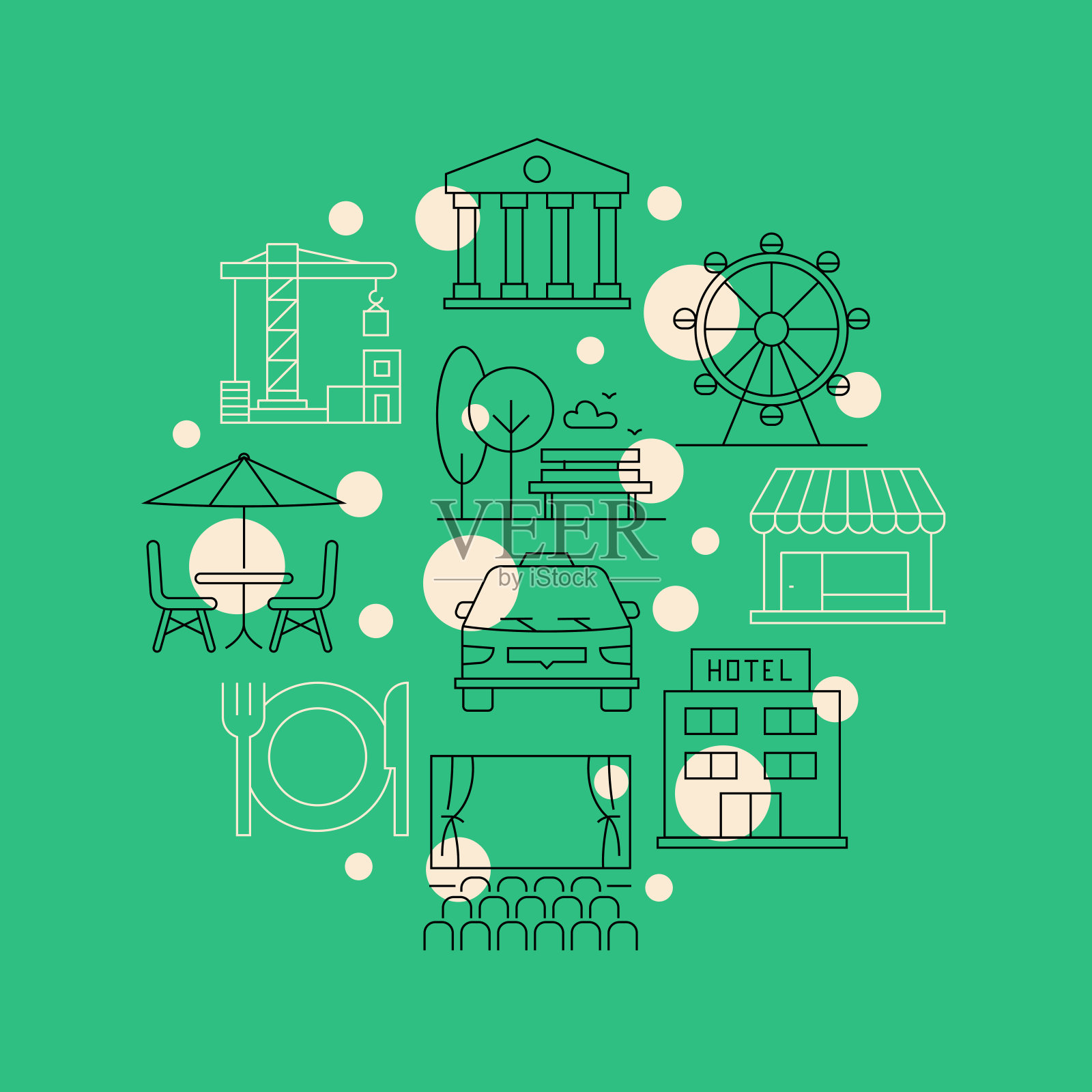 城市元素相关设计元素。使用大纲图标的模式设计。色彩斑斓的矢量图插画图片素材