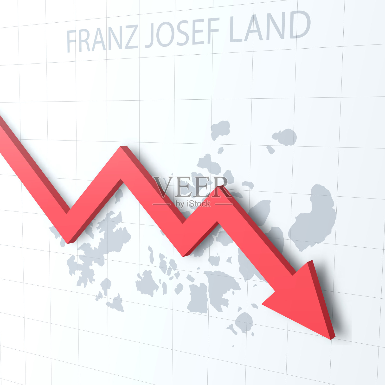 坠落的红色箭头，以弗朗茨·约瑟夫土地地图为背景插画图片素材