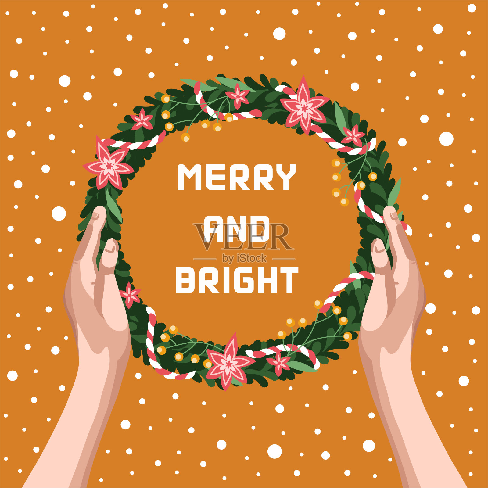 手里拿着圣诞花环。明信片模板。圣诞节和2024年新年装饰。现代扁平风格。向量。插画图片素材