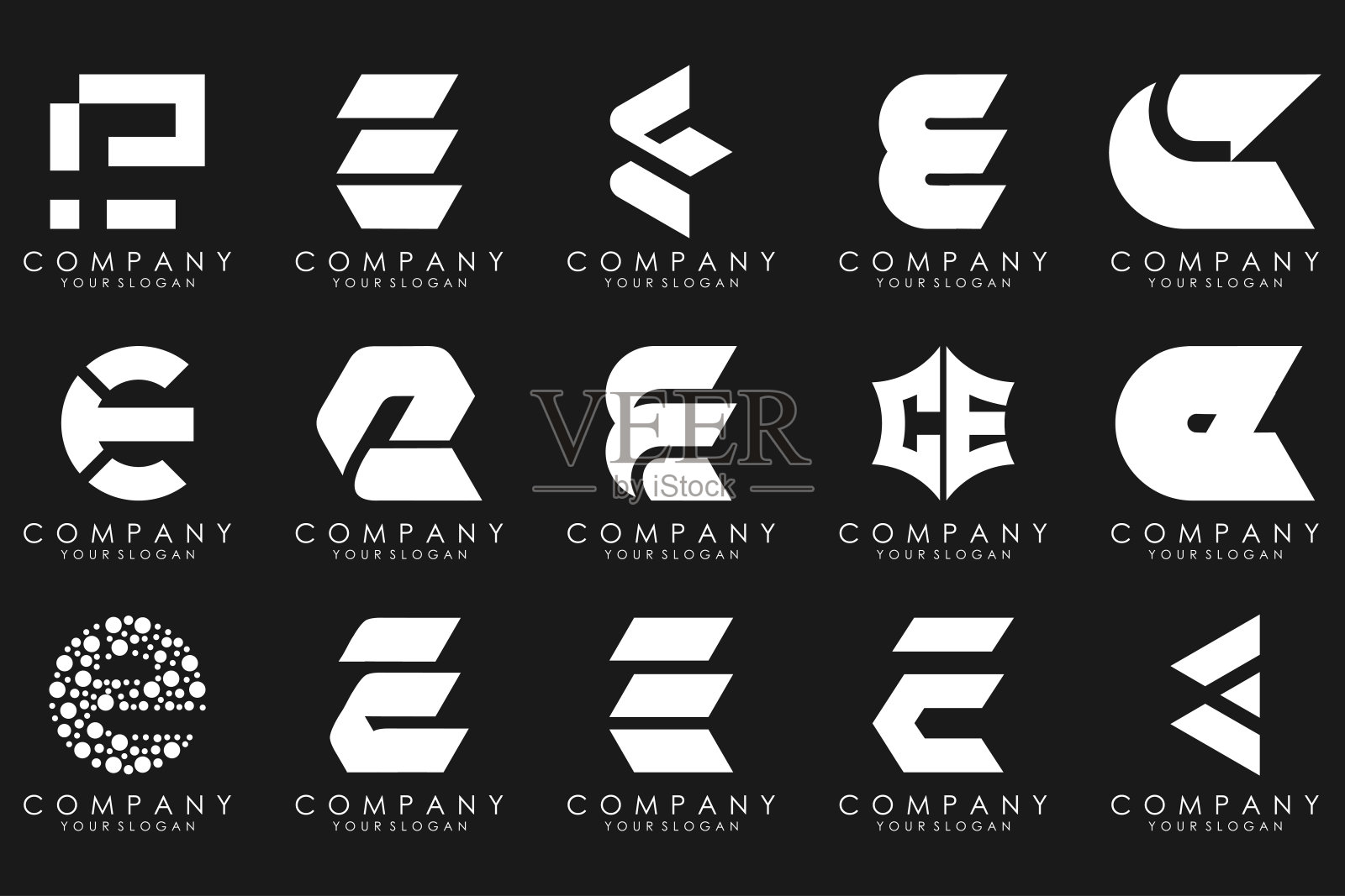 mega集合字母E标志设计灵感。几何抽象徽标插画图片素材