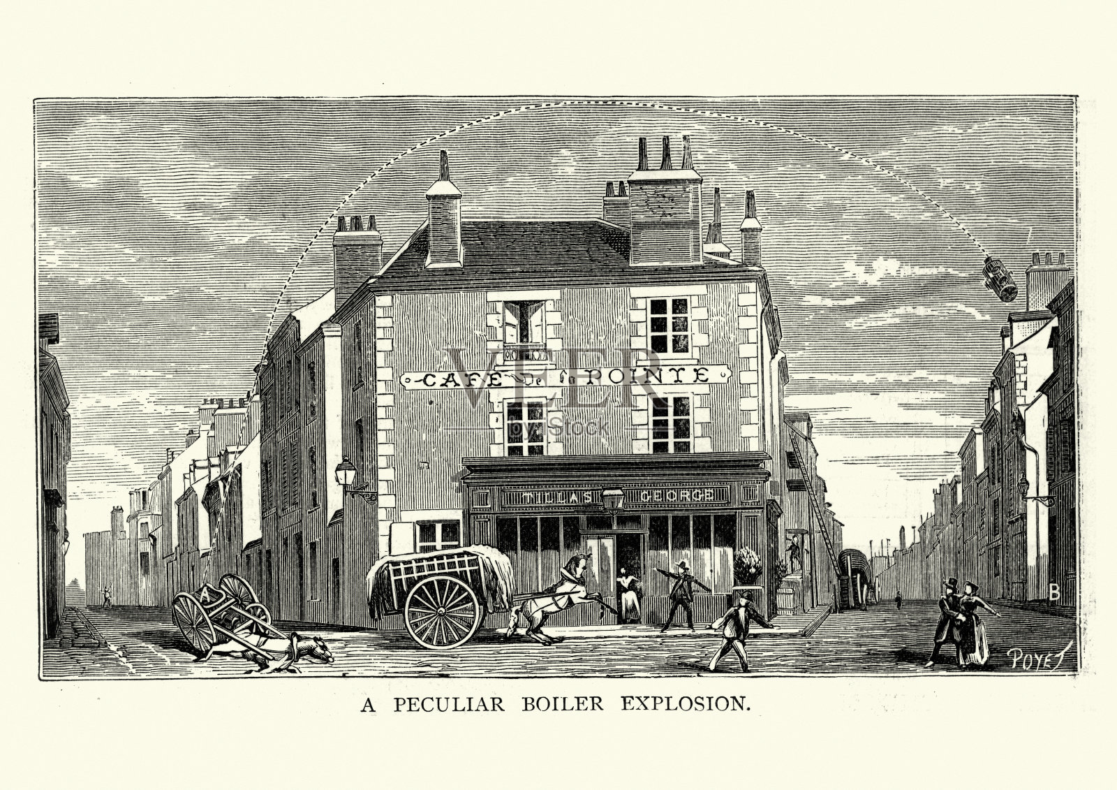 19世纪维多利亚时期，法国奥尔良发生了罕见的锅炉爆炸插画图片素材
