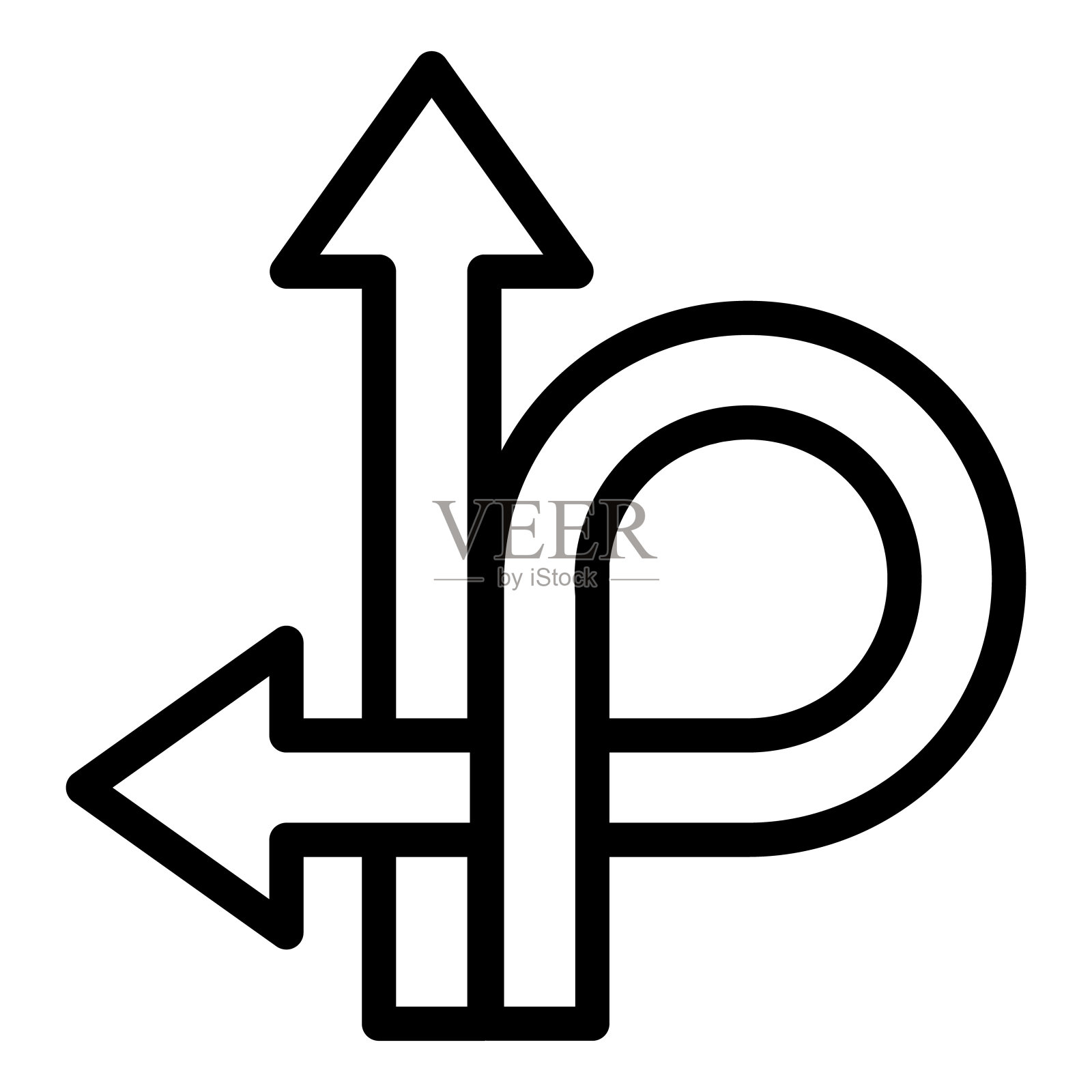 箭头直线和回头线图标，交通概念，白色背景上的u型转弯标志，直走或回头图标在轮廓风格的移动概念网页设计。矢量图形。插画图片素材