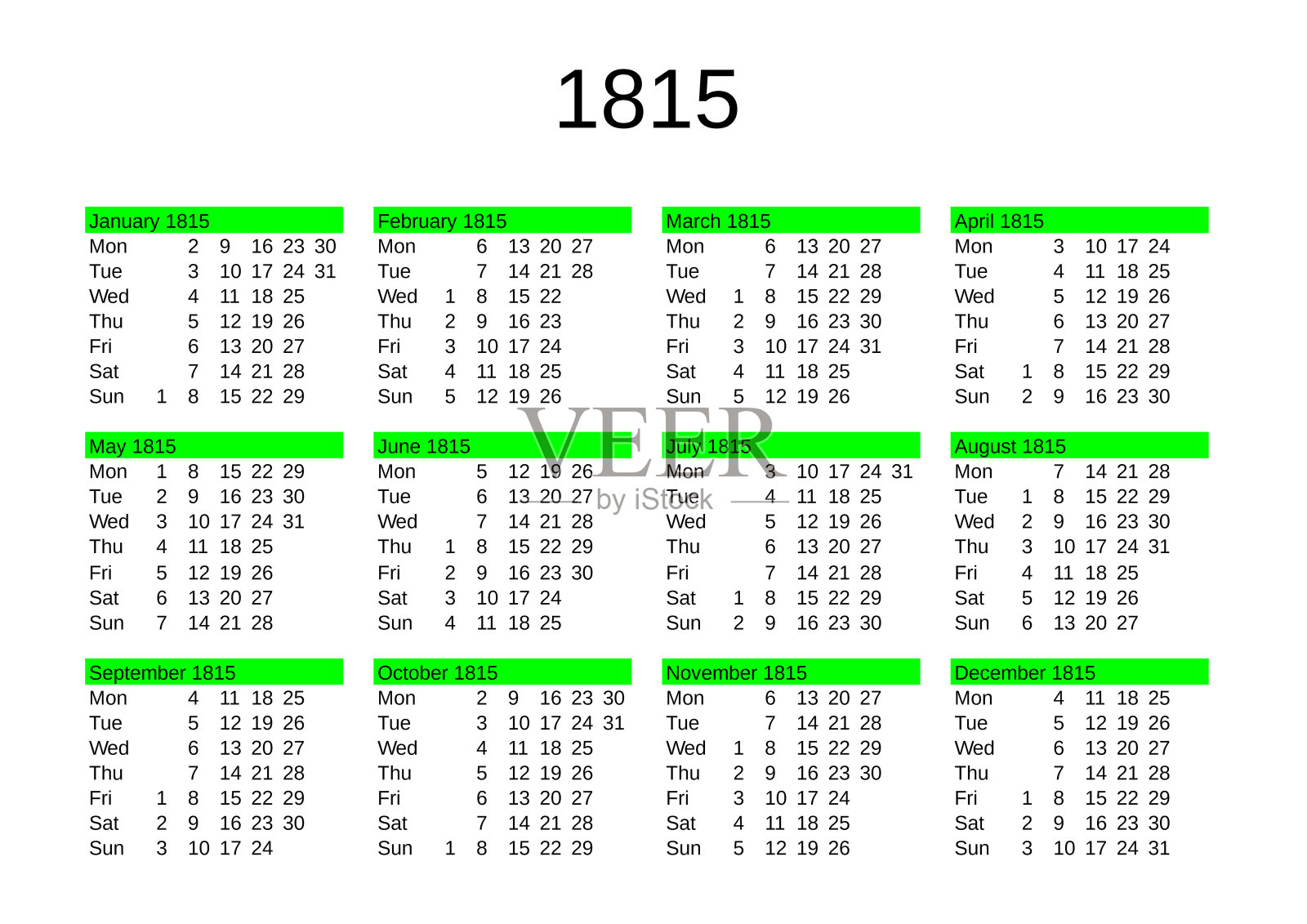 1815年的英文历法插画图片素材