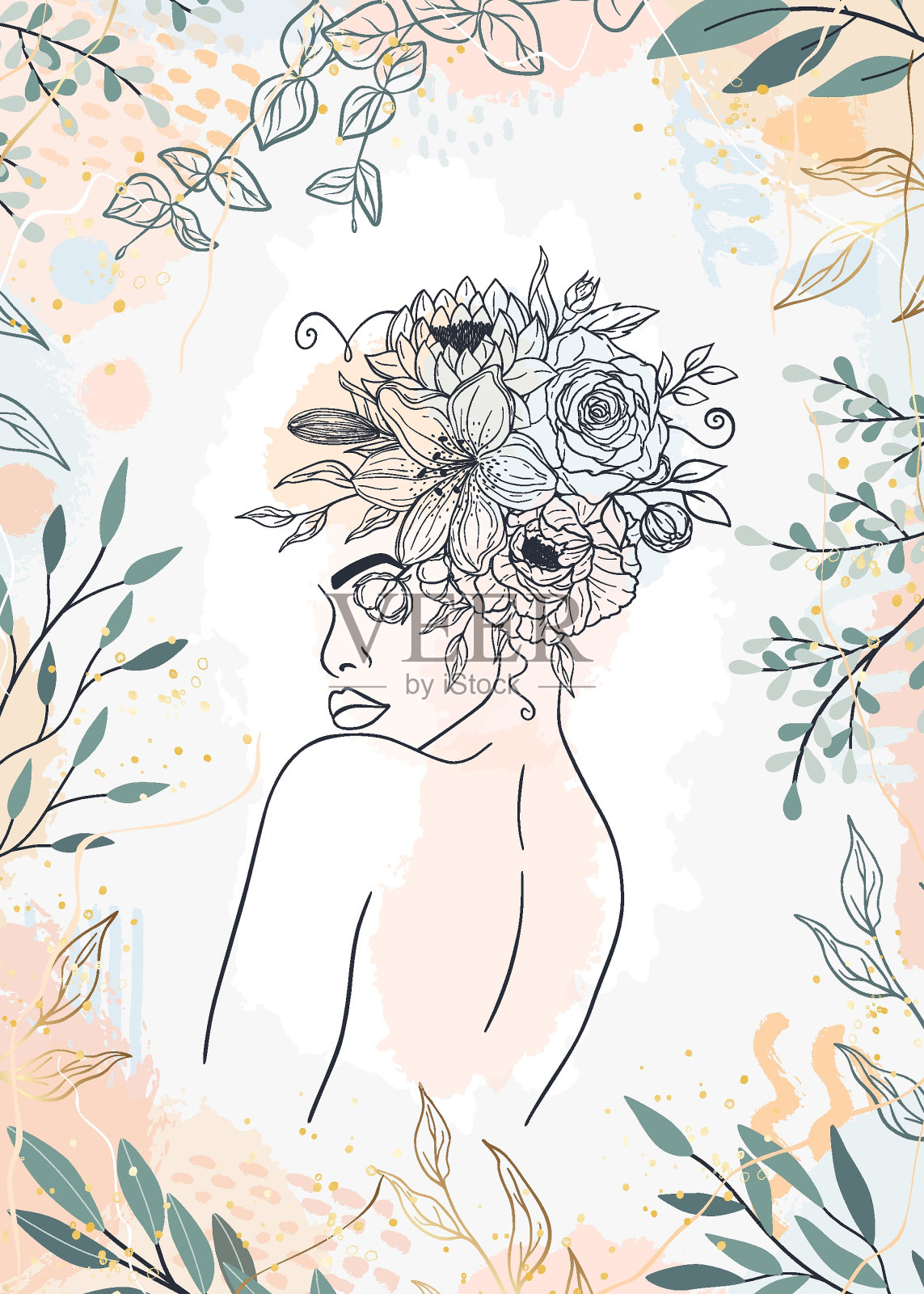 卡片的妇女形象与花，树叶，形状在线艺术。温柔的剪影年轻的女孩，花束，刷，滴，笔画。女性肖像花卉矢量插图。问候邀请卡插画图片素材