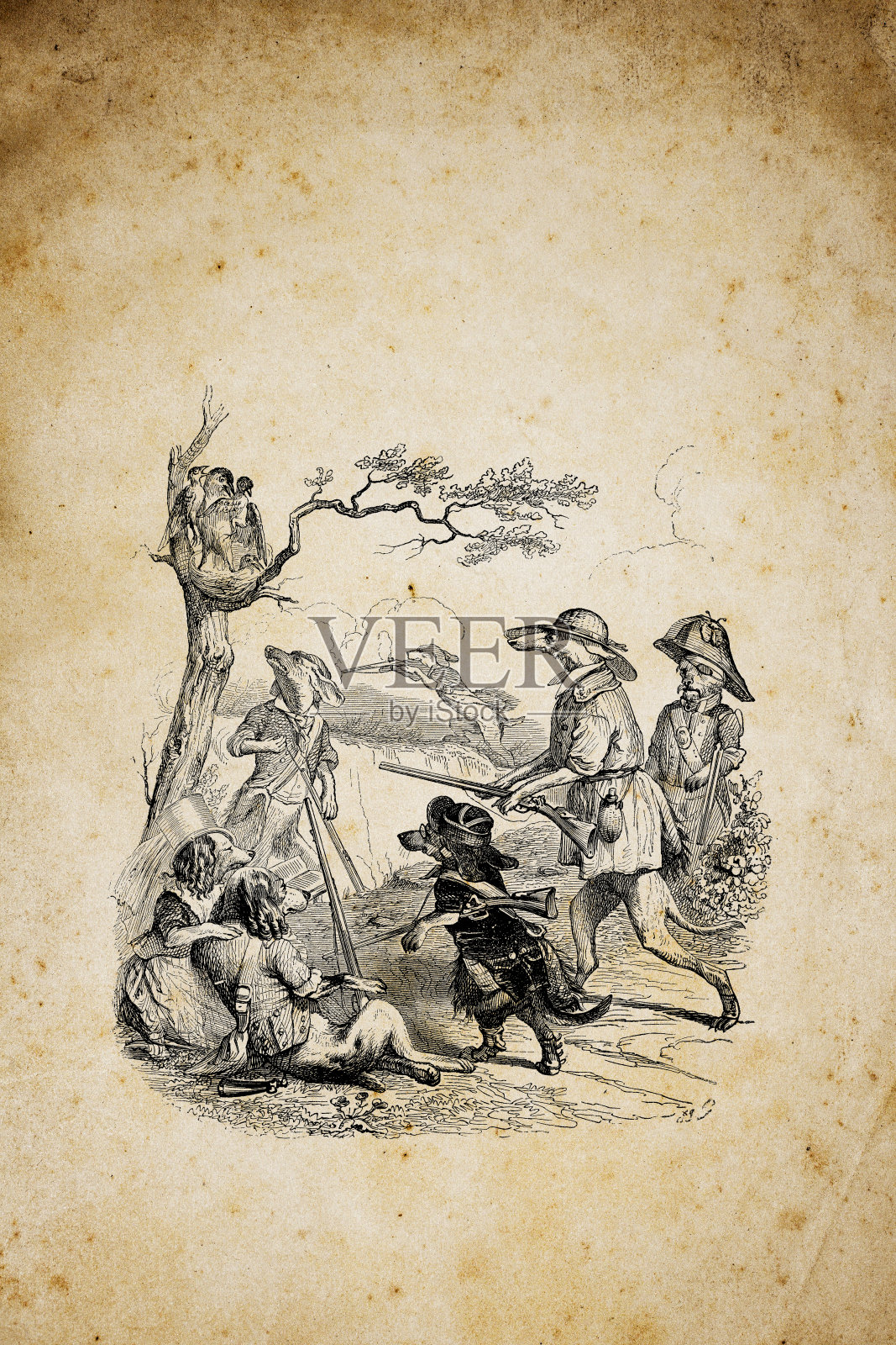 人性化的动物插图:狗狩猎插画图片素材