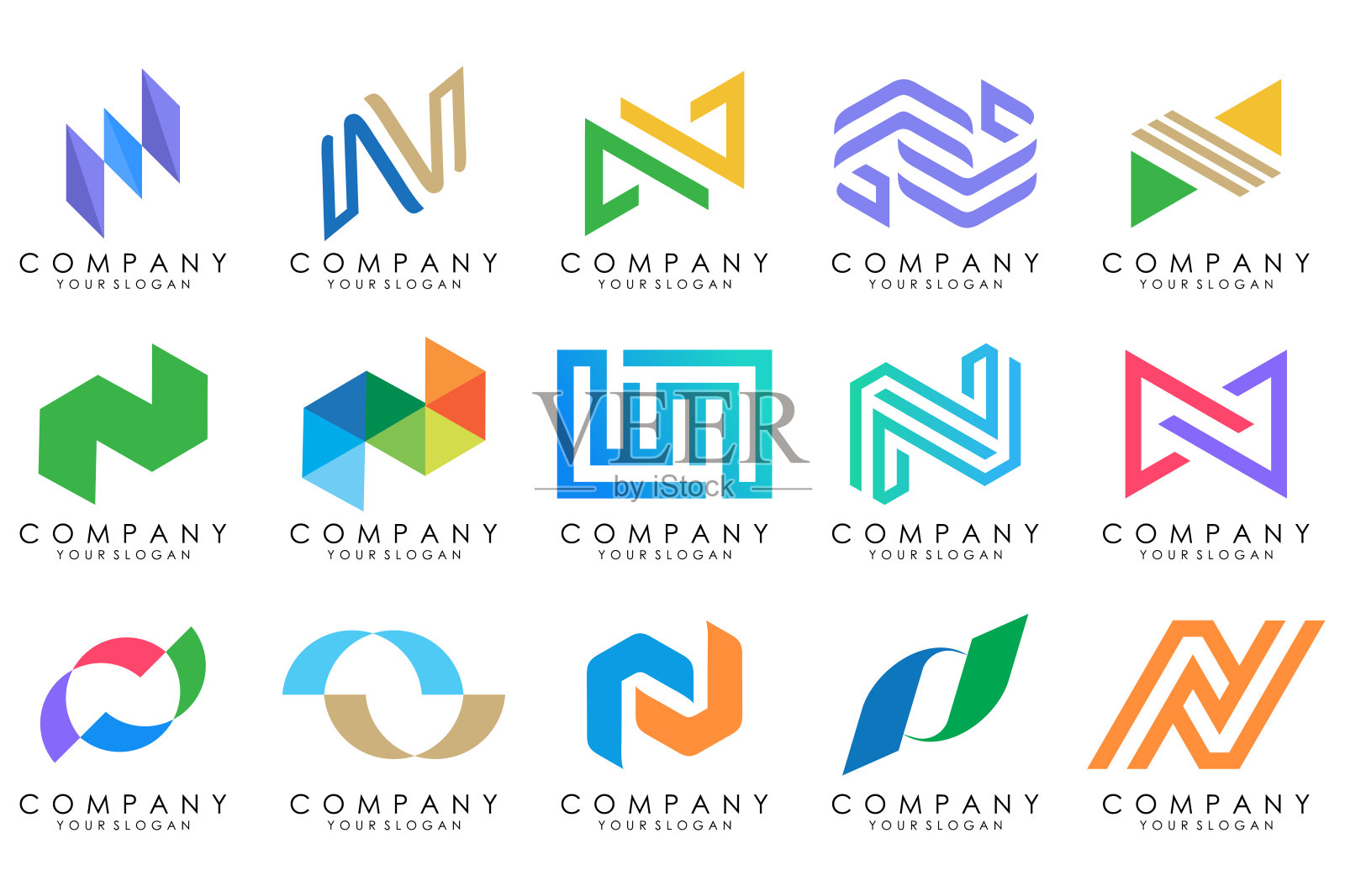 一套抽象的字母N标志设计。现代创意标识字母组合图标设计灵感。插画图片素材