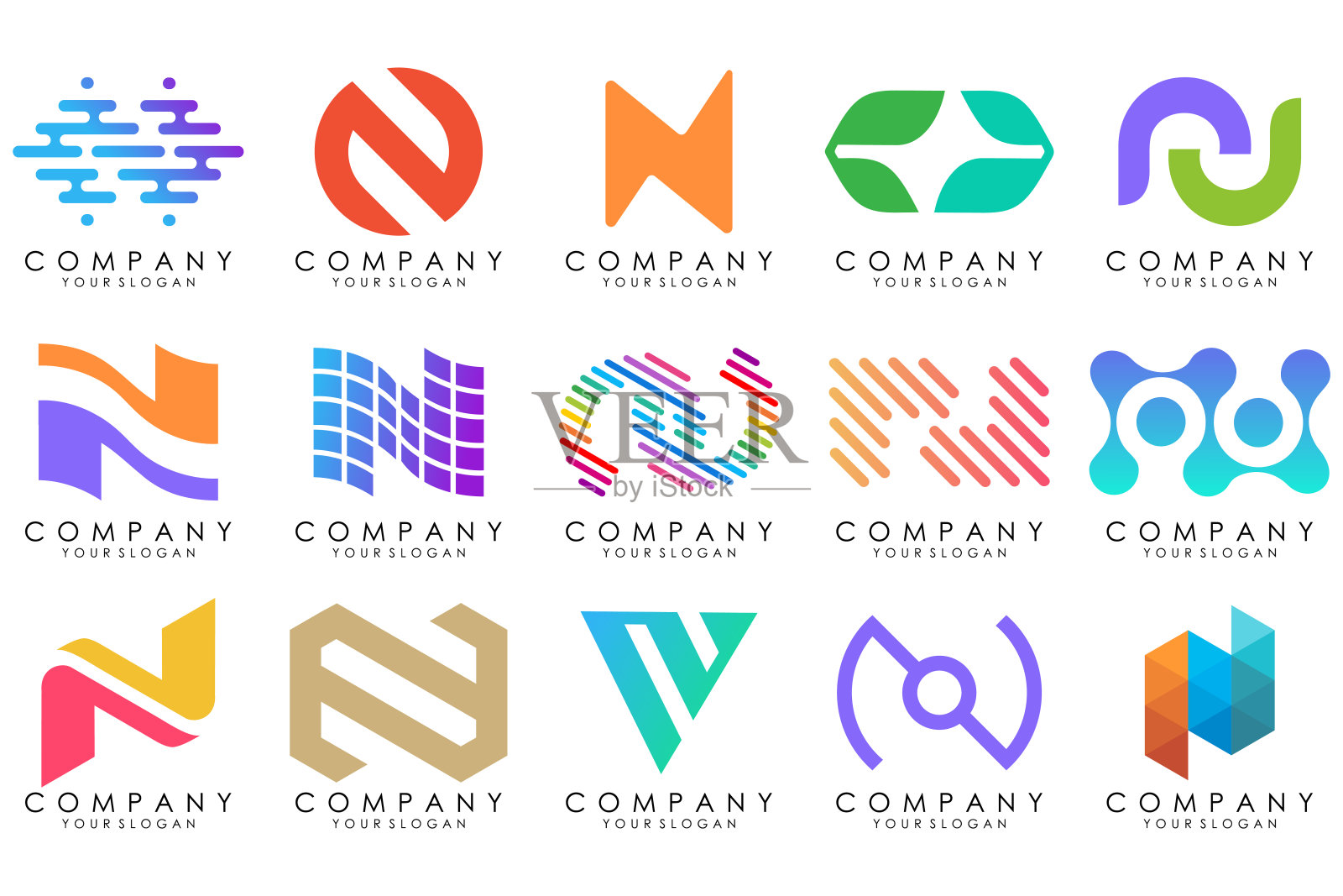 一套抽象的字母N标志设计。现代创意标识字母组合图标设计灵感。插画图片素材