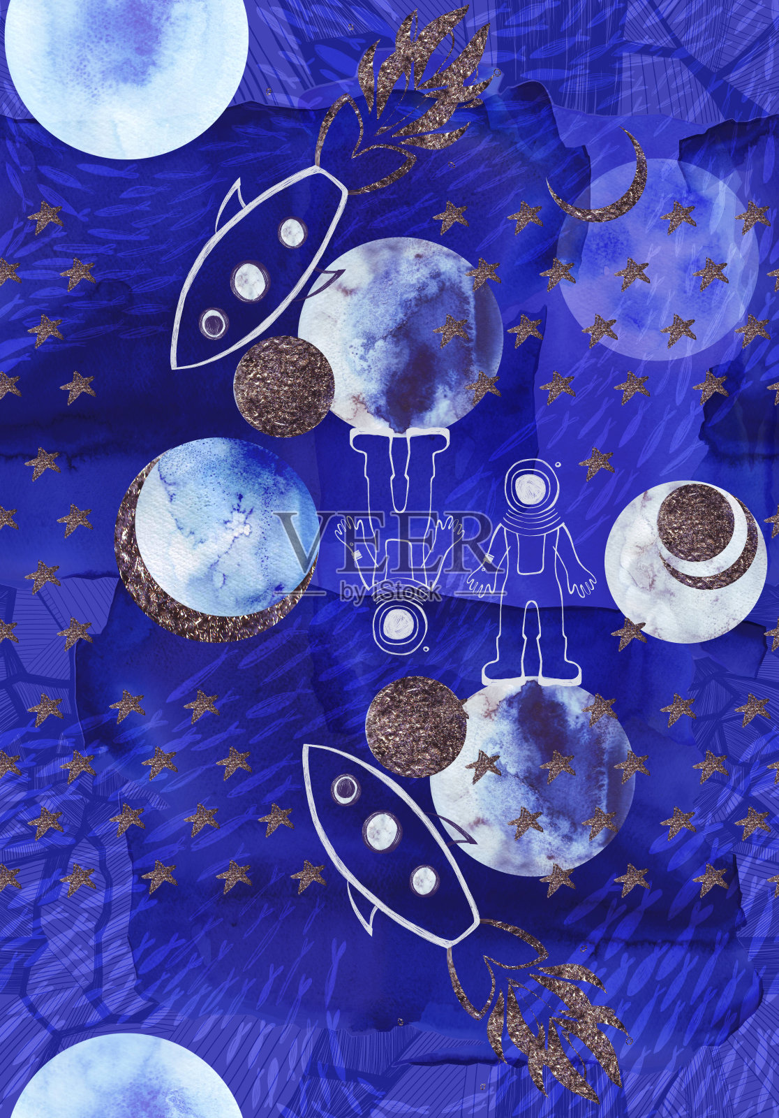 水彩无缝图案与宇航员和行星。太空包装纸。光栅插图包装，贺卡，礼品，纺织品插画图片素材