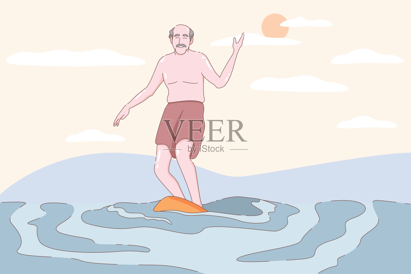 老人练习冲浪板，祖父母做运动，运动，晨练，卡通矢量插图。插画图片素材