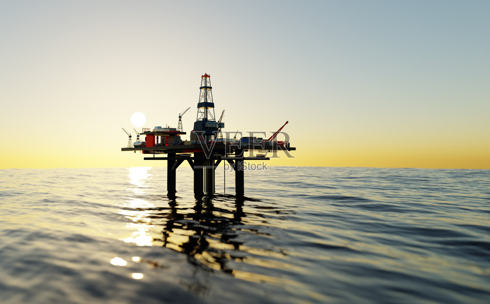 海上石油钻井平台，钻井平台，千斤顶钻机，日落时海上的石油平台。3D渲染图照片摄影图片
