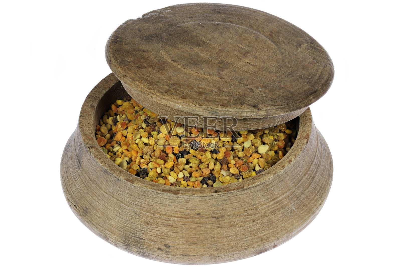 有机蜂花粉在一个古老的木盒照片摄影图片