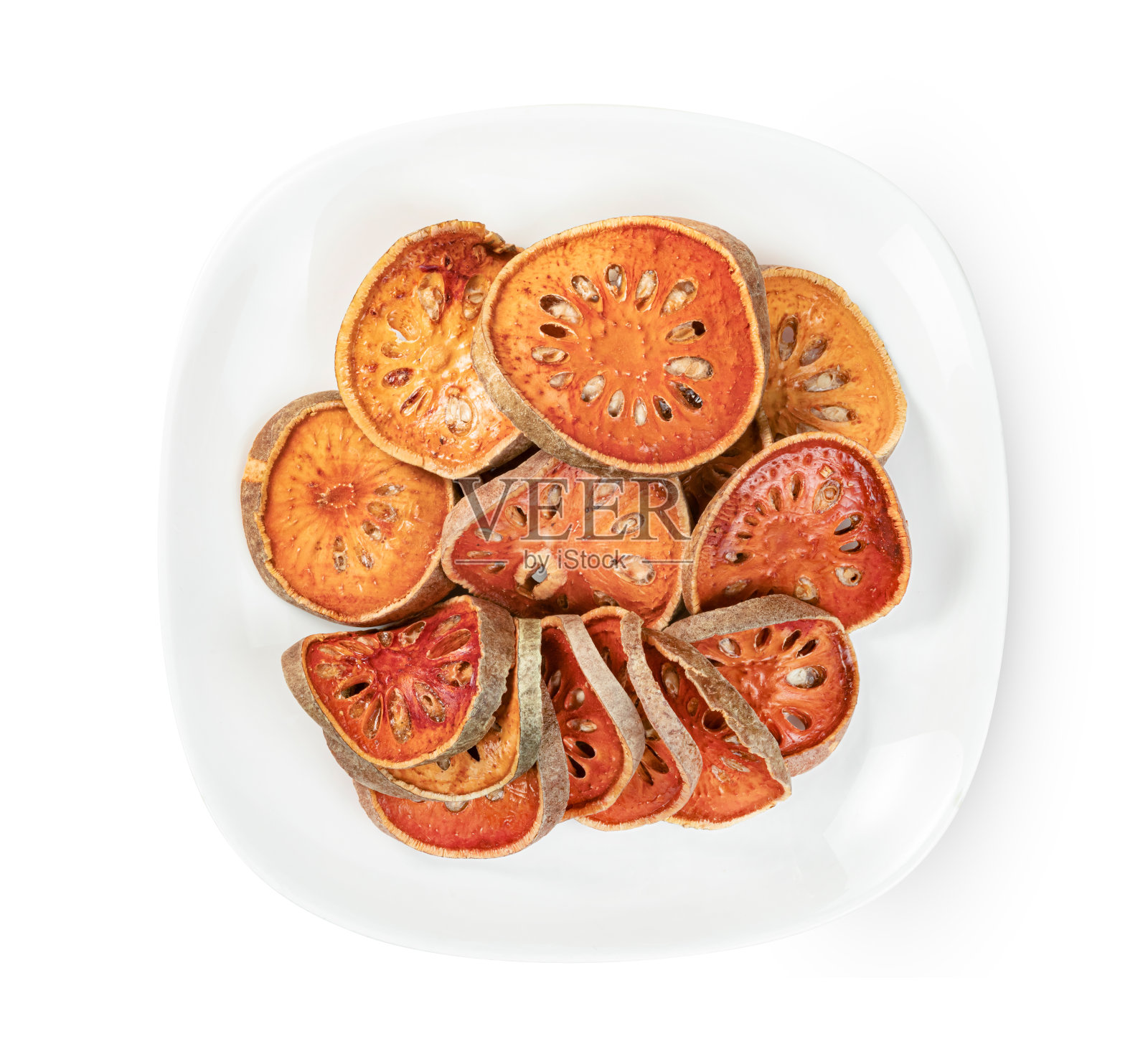 在碟子中分离的白底干白耳果或艾格尔甜瓜，包括剪切路径照片摄影图片