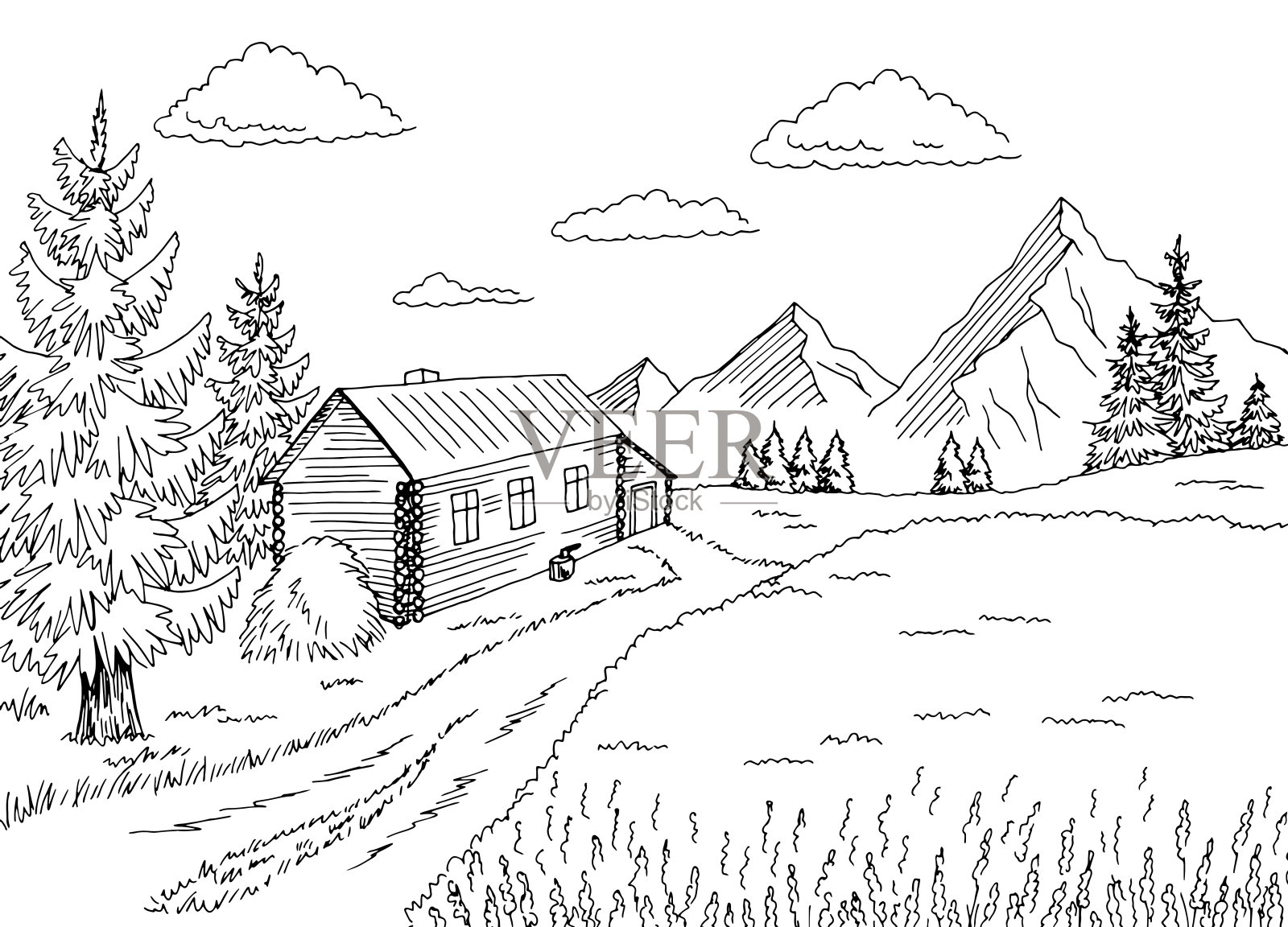 木屋附近田野图形黑白乡村景观素描矢量插画插画图片素材