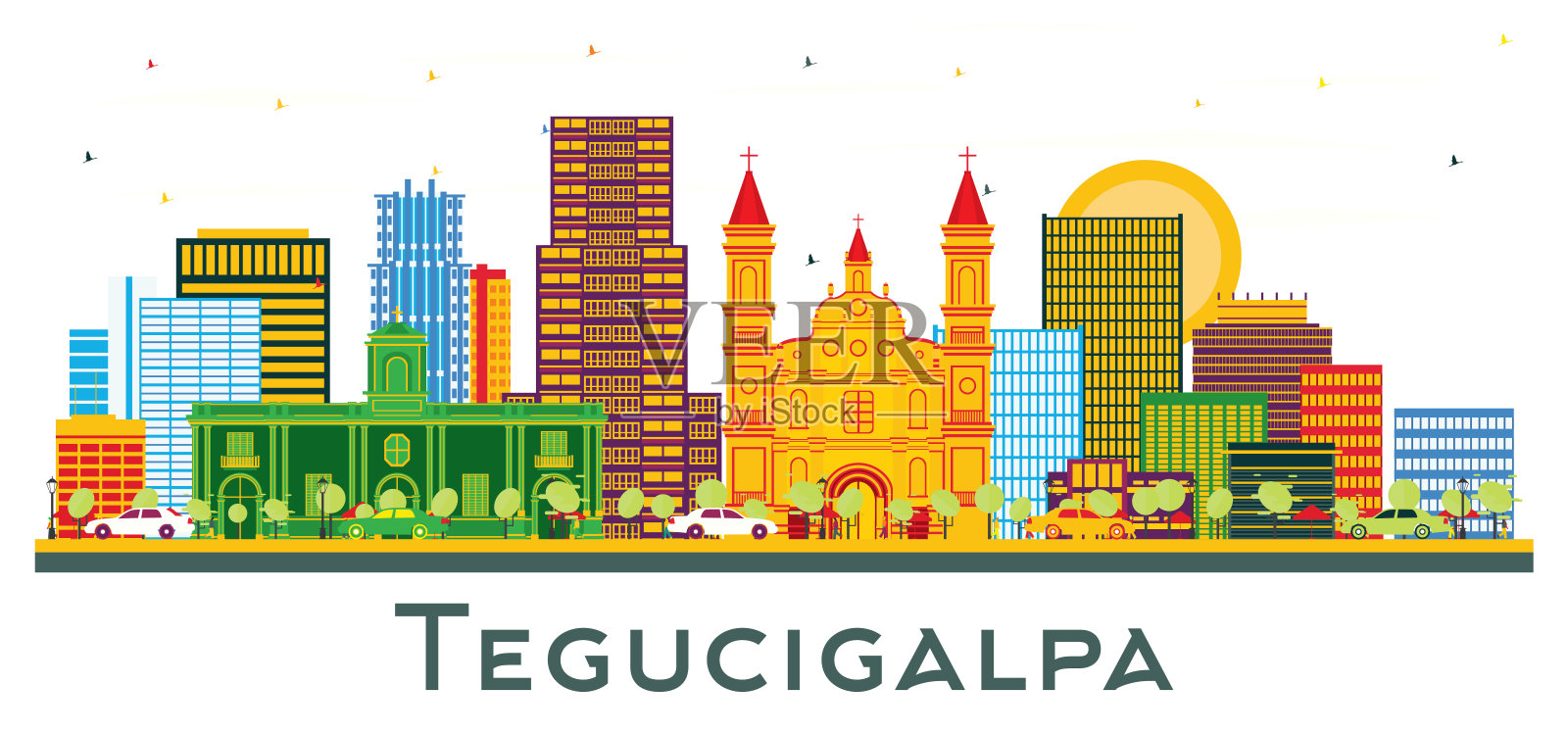 特古西加尔巴洪都拉斯城市天际线与彩色建筑孤立在白色。插画图片素材