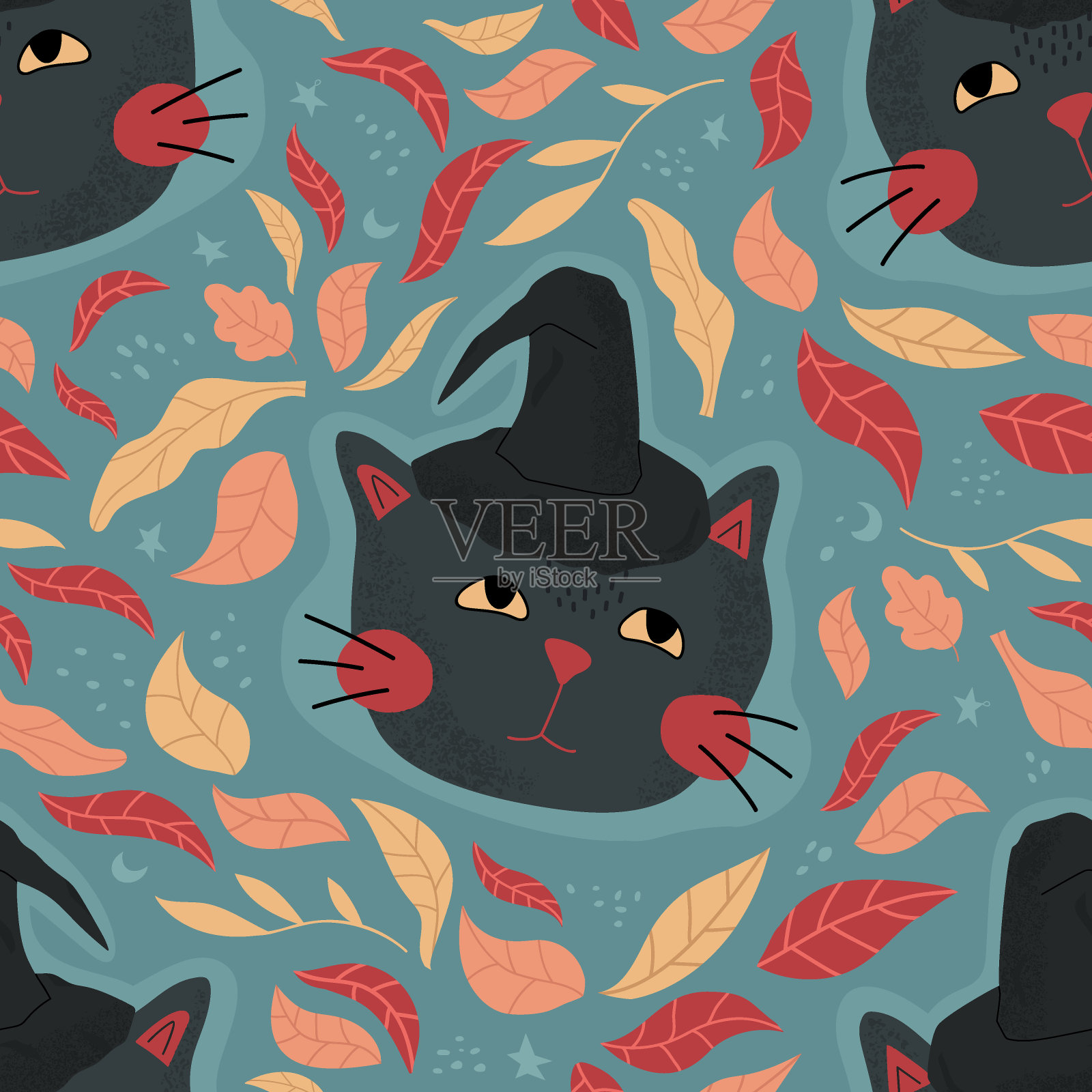 无缝矢量图案与黑猫在女巫帽和秋天的叶子。彩色平面插图万圣节。插画图片素材