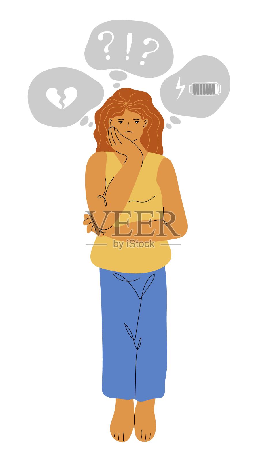 情绪低落的悲伤女人思考问题：破产、损失、危机、倦怠综合征、关系问题概念插画图片素材