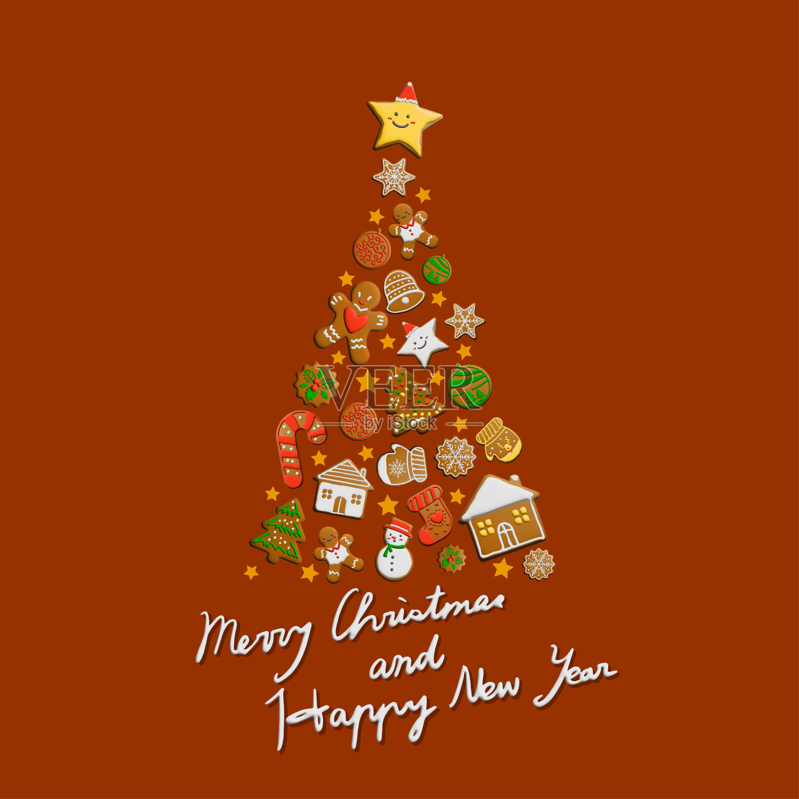 圣诞树在红色背景上用圣诞姜饼构图布置插画图片素材