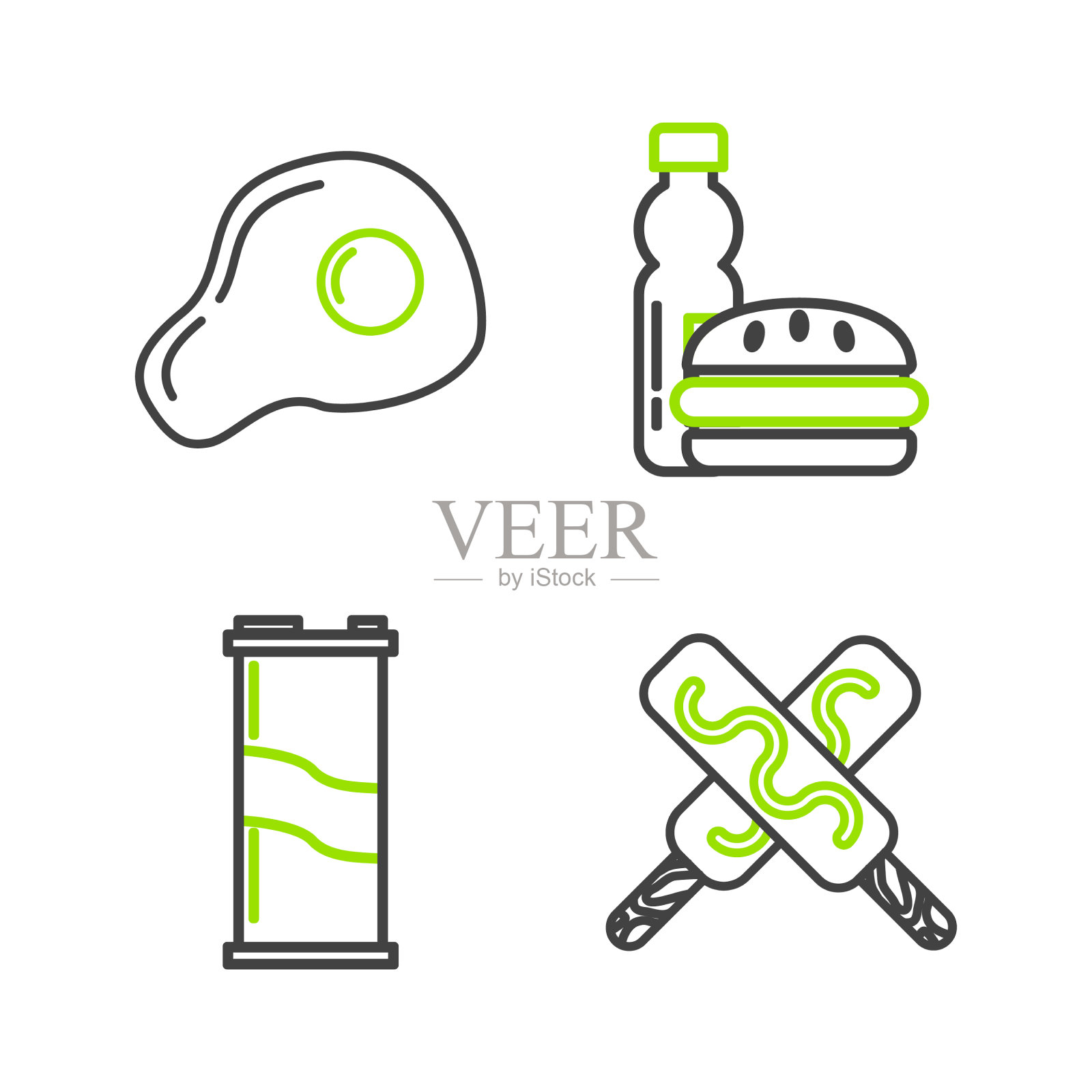 设行冰淇淋汽水罐和瓶装水图标素材