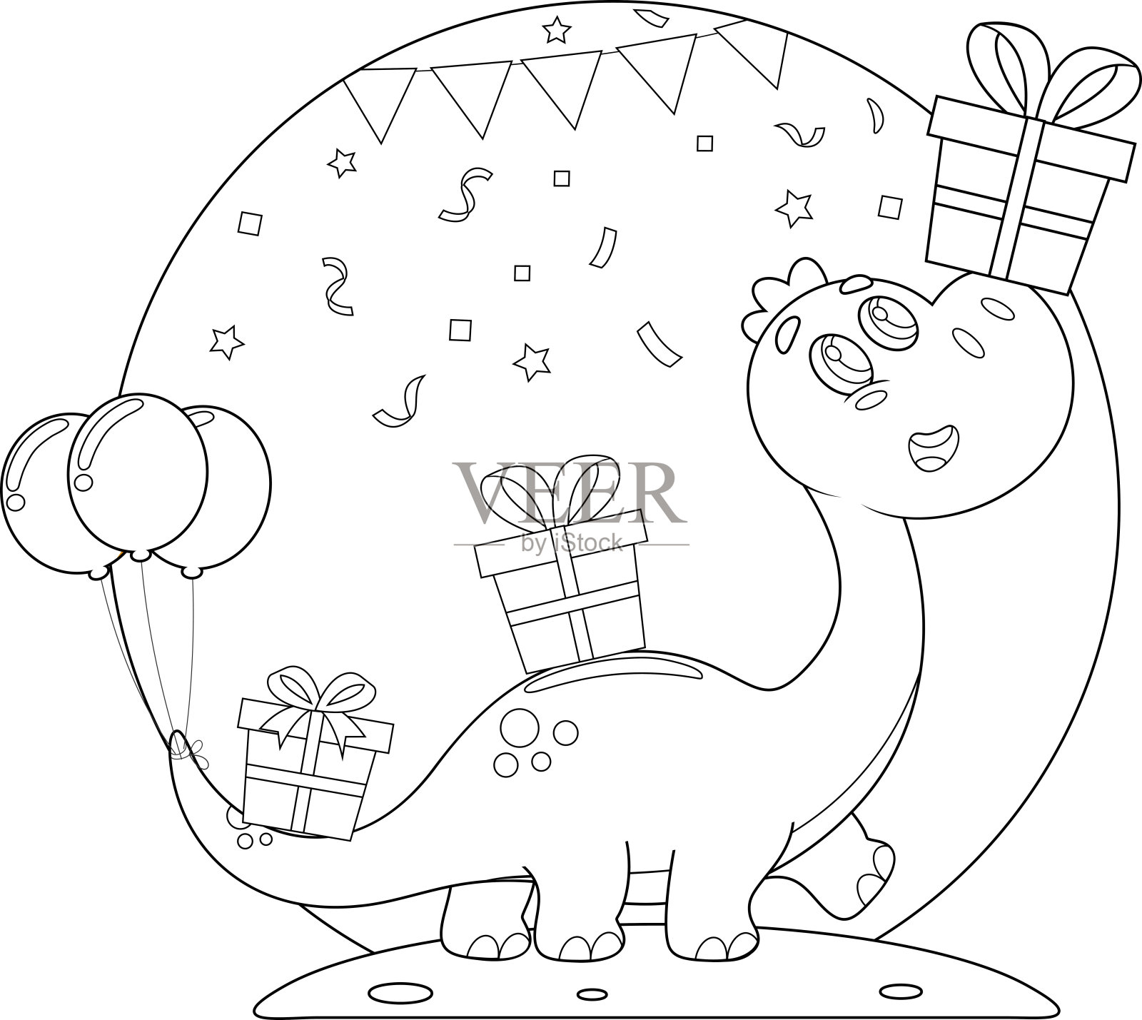 概述可爱的生日恐龙卡通人物携带礼品盒插画图片素材